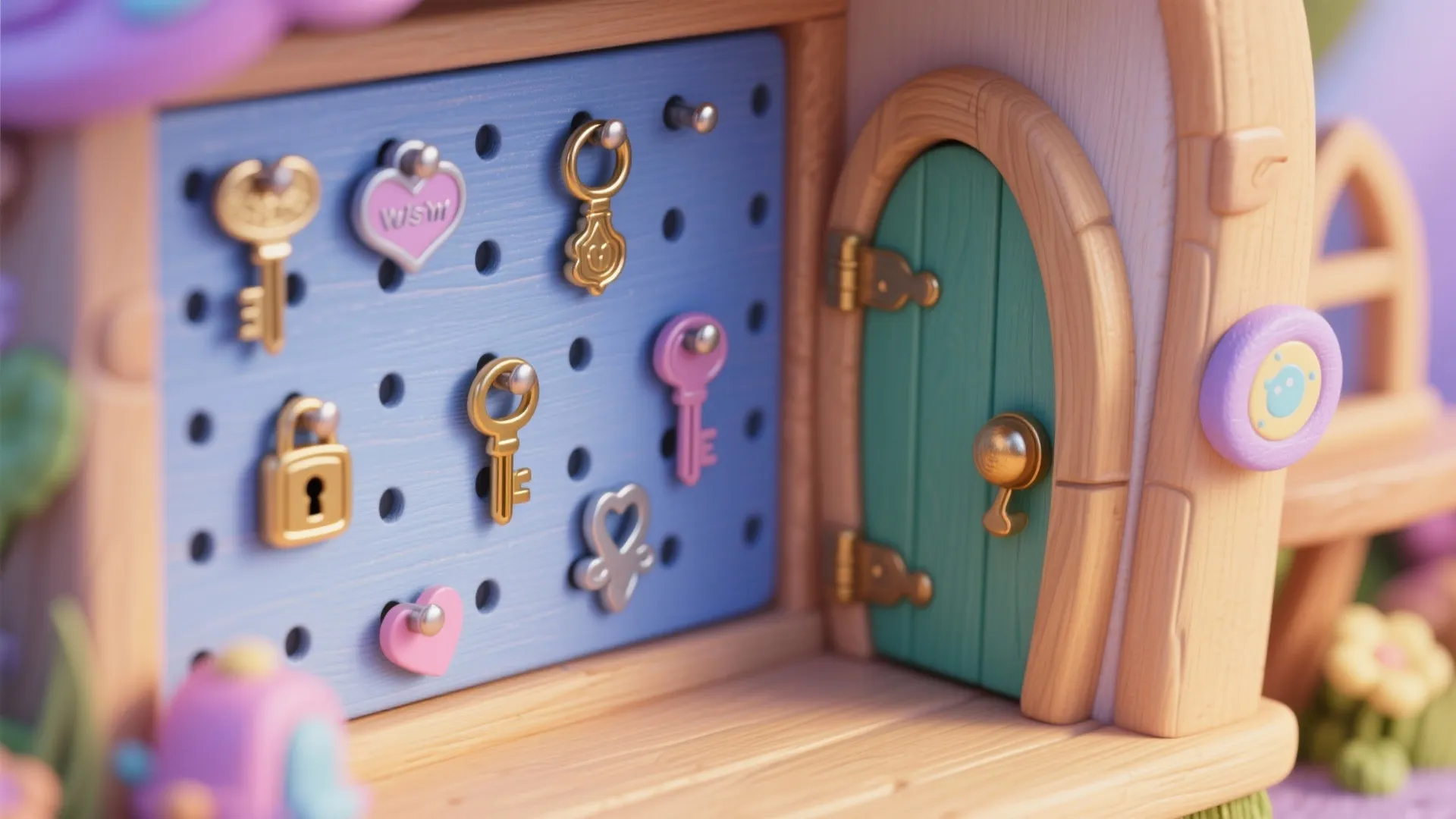 Blue pegboard holding small toy keys and locks next to a tiny teal wooden door