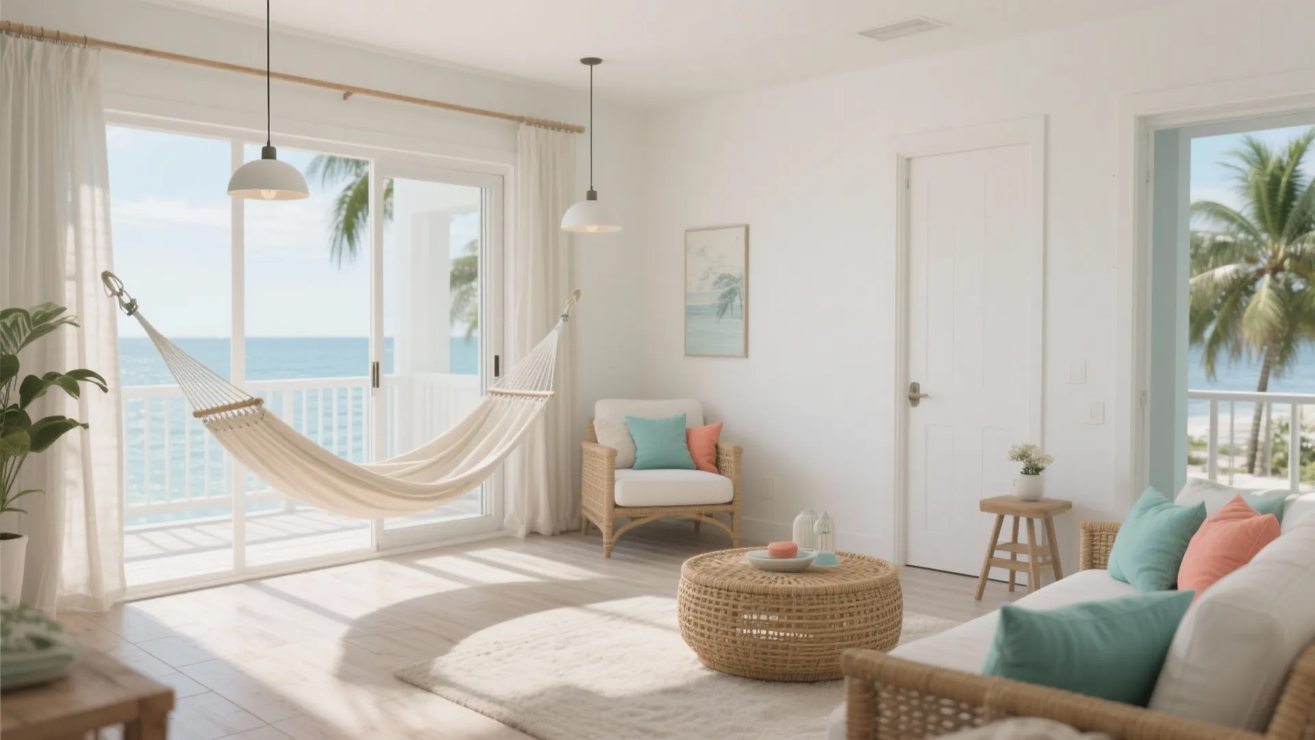 Bright living room with a hammock, rattan furniture, colorful pillows, and a large ocean view