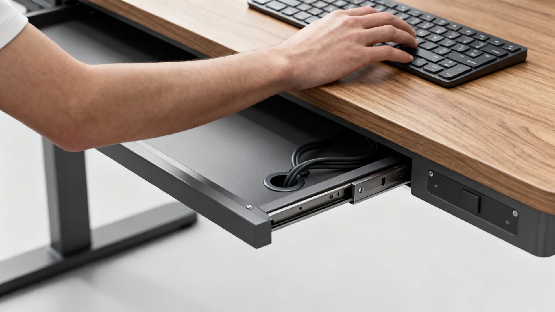 Close-up of an under-mounted keyboard tray and cable port on a slim console desk.