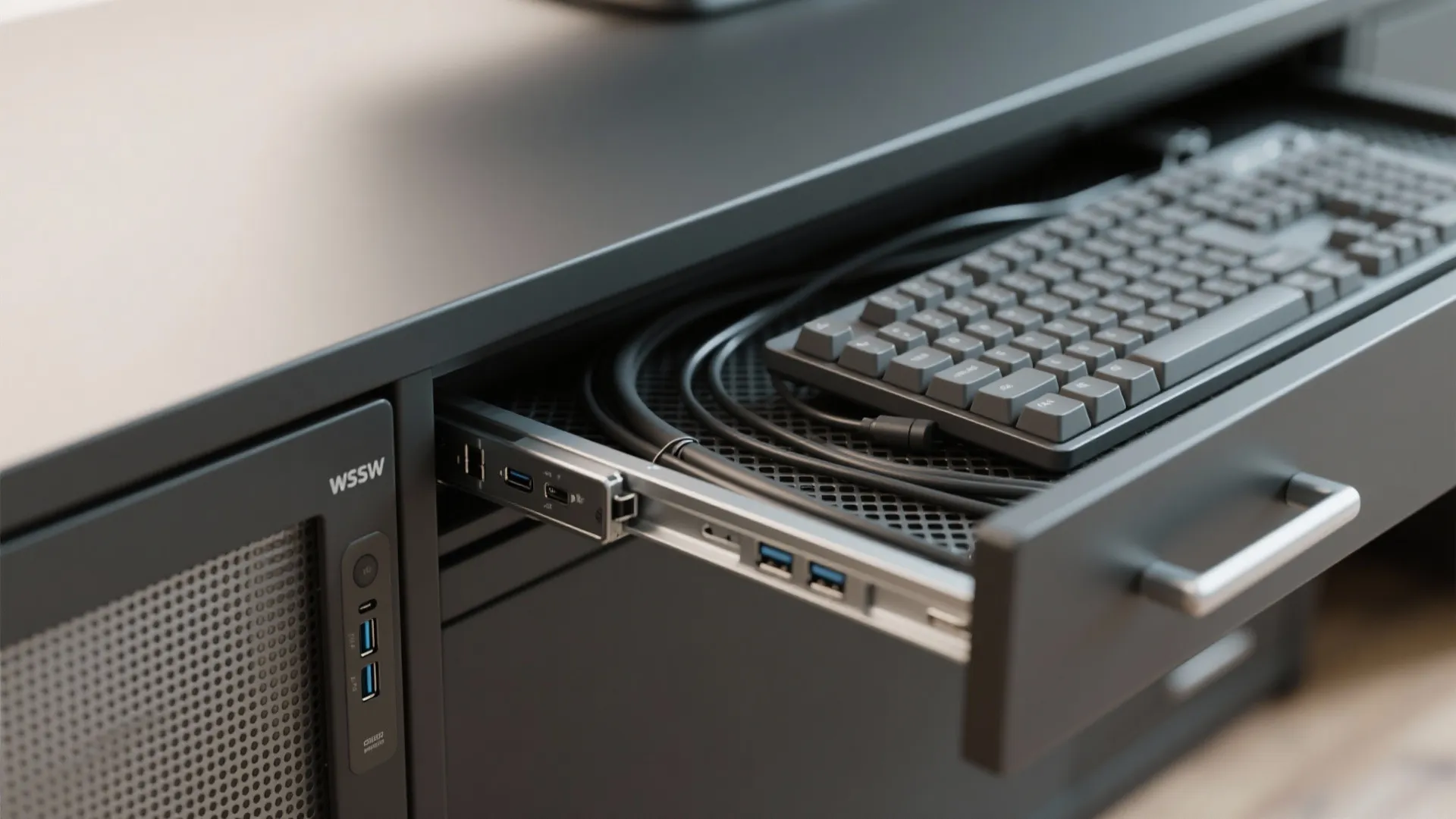 1) Minimalist workstation with concealed storage