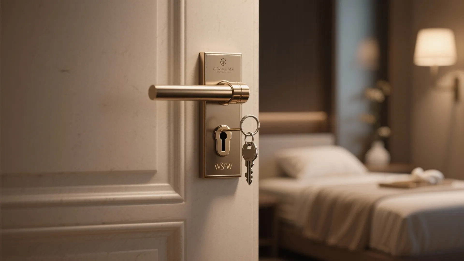 Spa guest suite door with a keyed lock and elegant metal handle in warm lighting