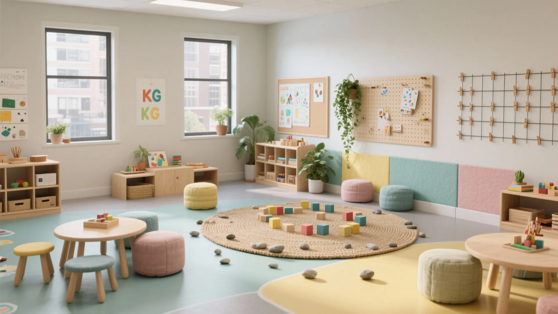 Bright preschool classroom with small wooden tables colorful footrests round rug wall art large windows