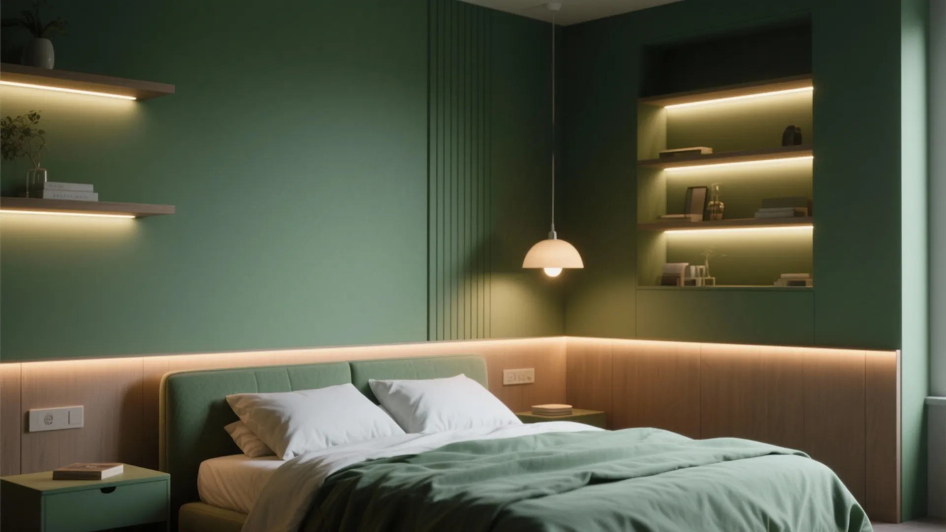 Khaki green bedroom with warm LED lighting