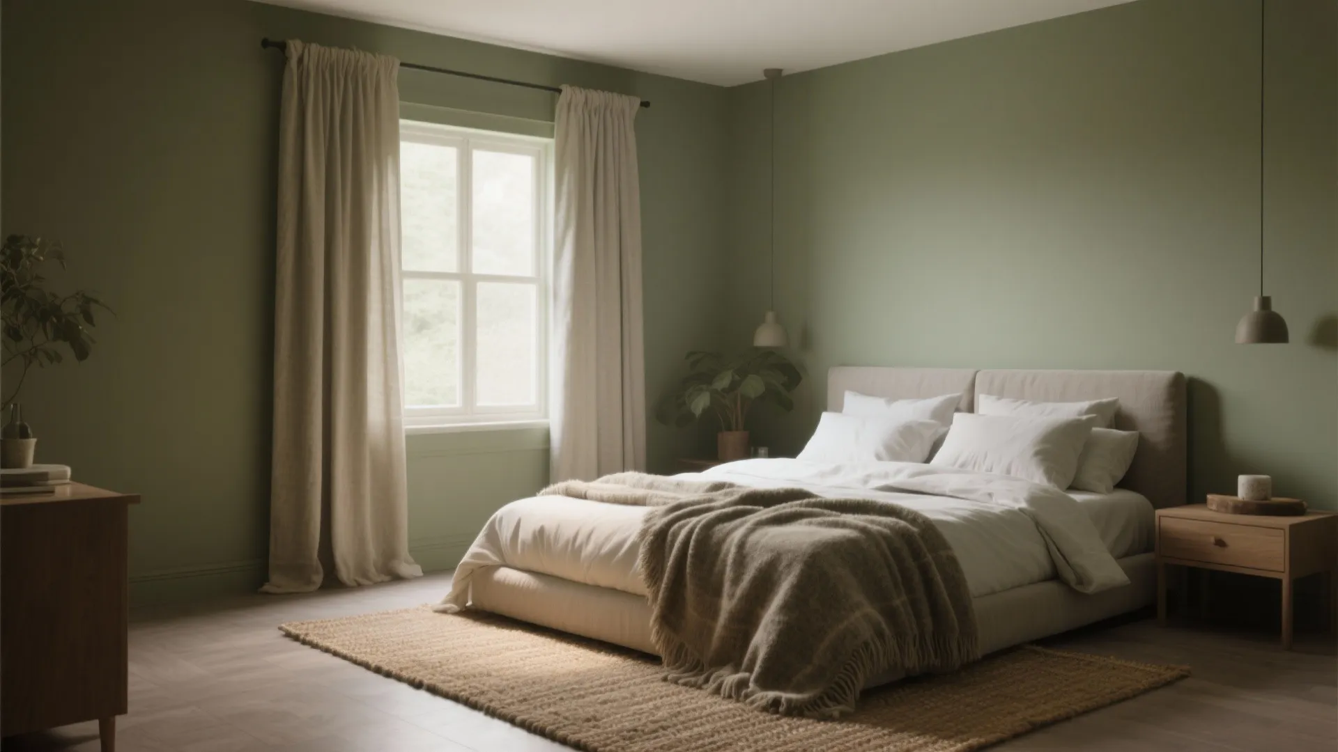 Bedroom with khaki green walls, linen curtains, wool throw, and jute rug