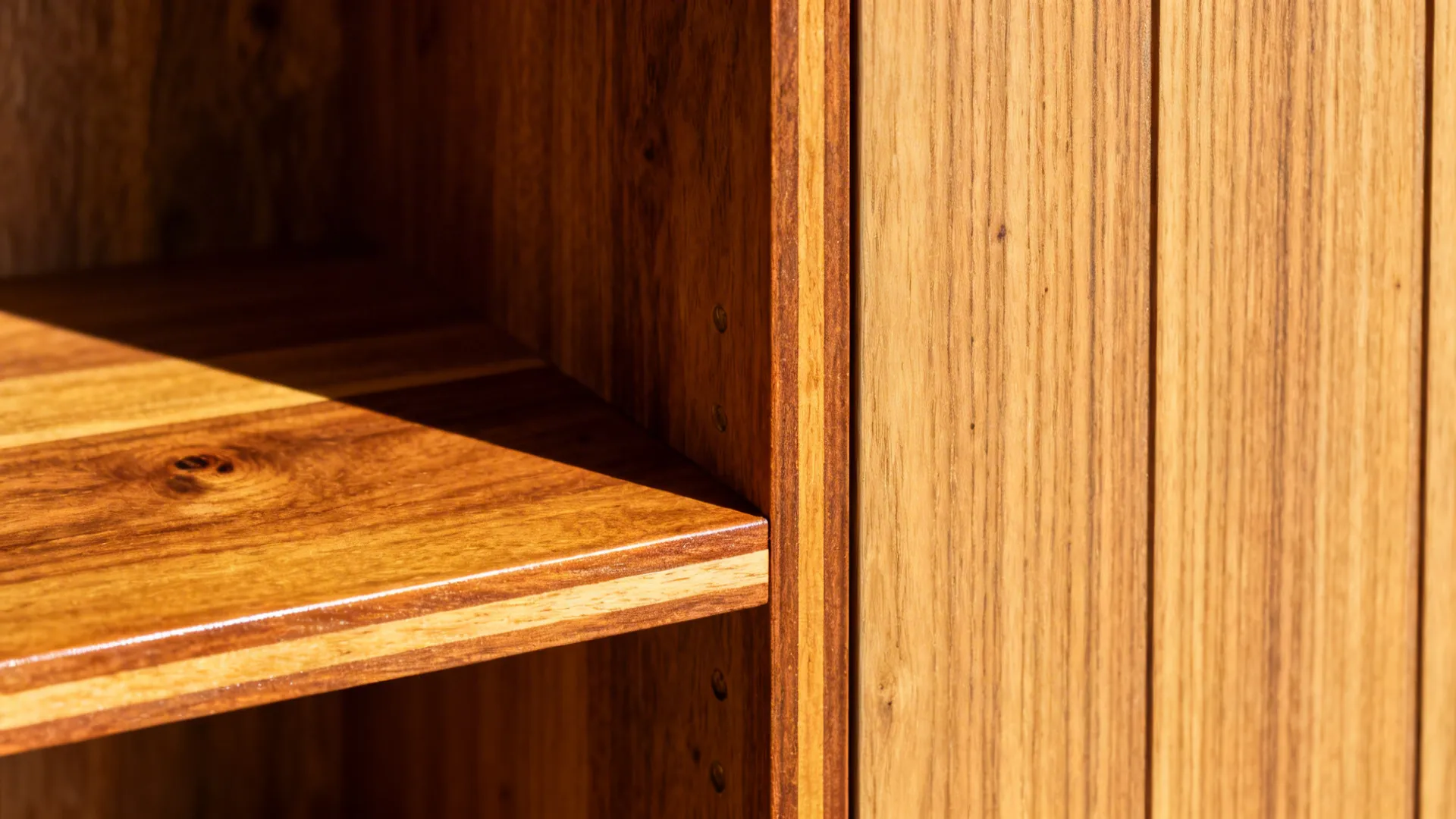 Macro of sealed kiaat shelf beside Namibia oak-look laminate door with vertical grain detail.