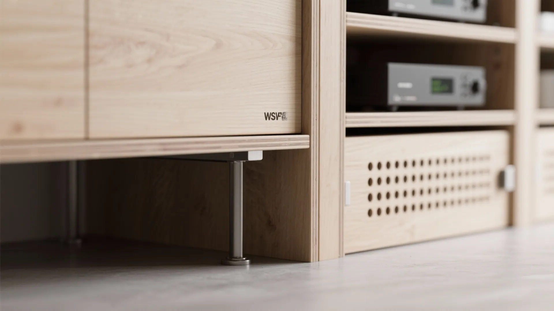 Low console + full-height storage tower