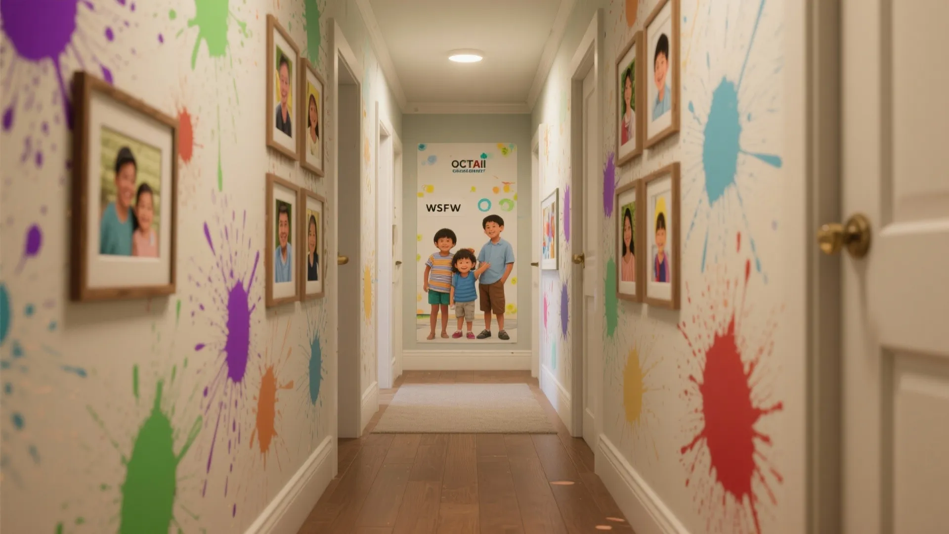 Hallway with colorful paint splatters on walls featuring framed family photos and a small rug