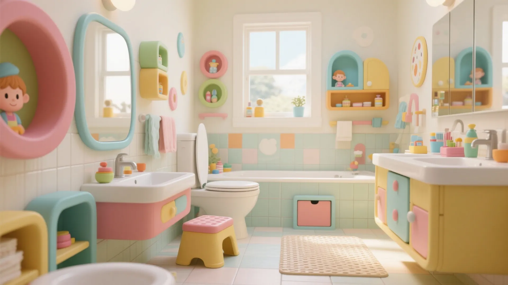 Colorful kids bathroom with pastel tiles pink sink yellow stool white toilet and cute wall decorations