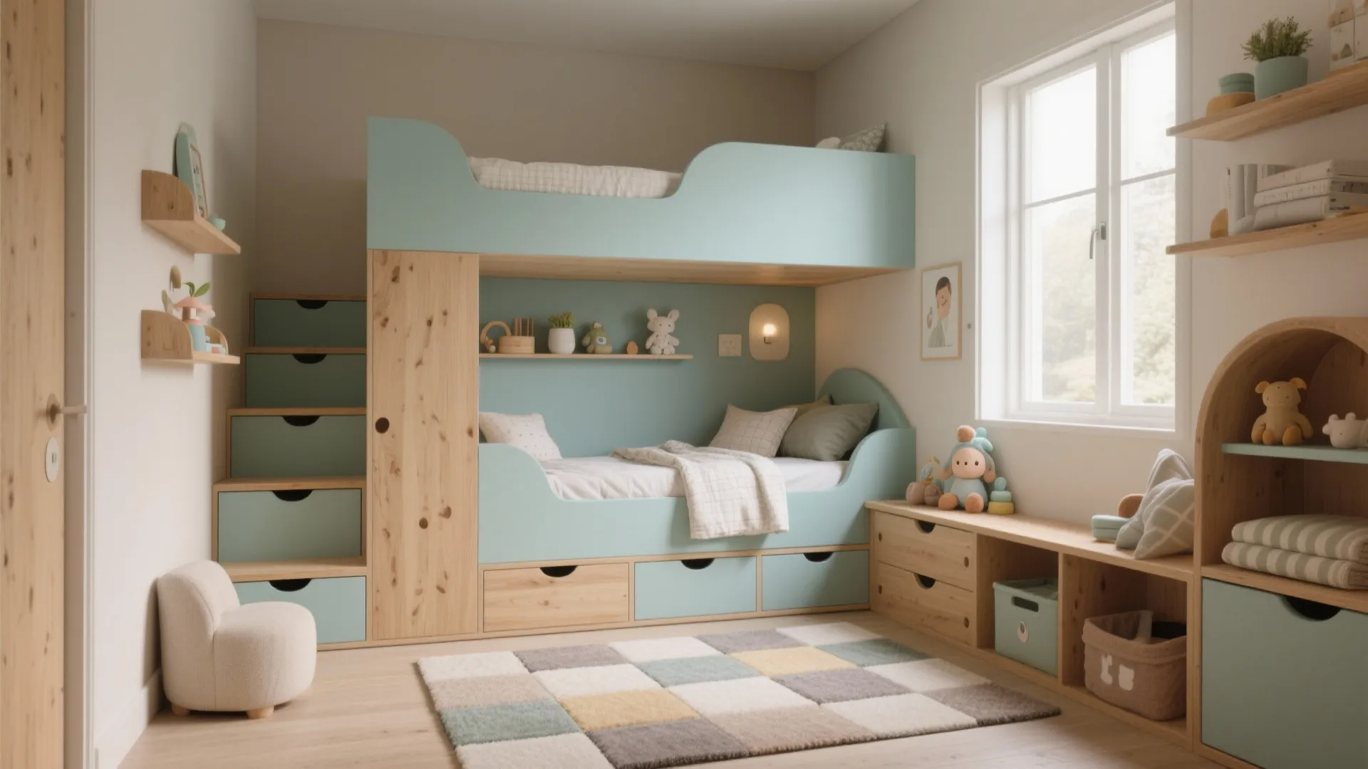 Blue and wood bunk bed with stairs storage drawers checkered rug and white wall shelves