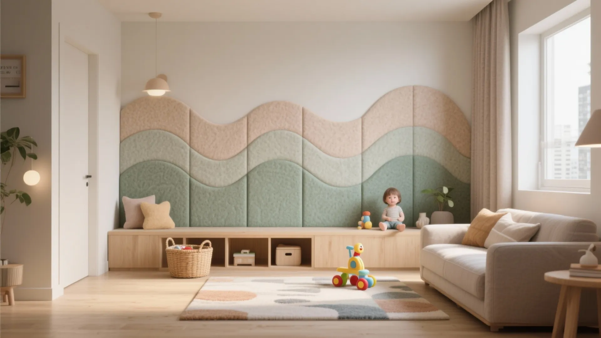 Playroom with wave shaped wall panels wooden bench sofa rug and several colorful toys for kids