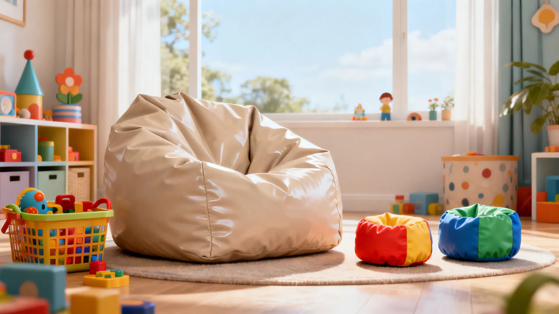 Family-friendly seating area with a large neutral bean bag and two colorful small bean bags, toys neatly stored.