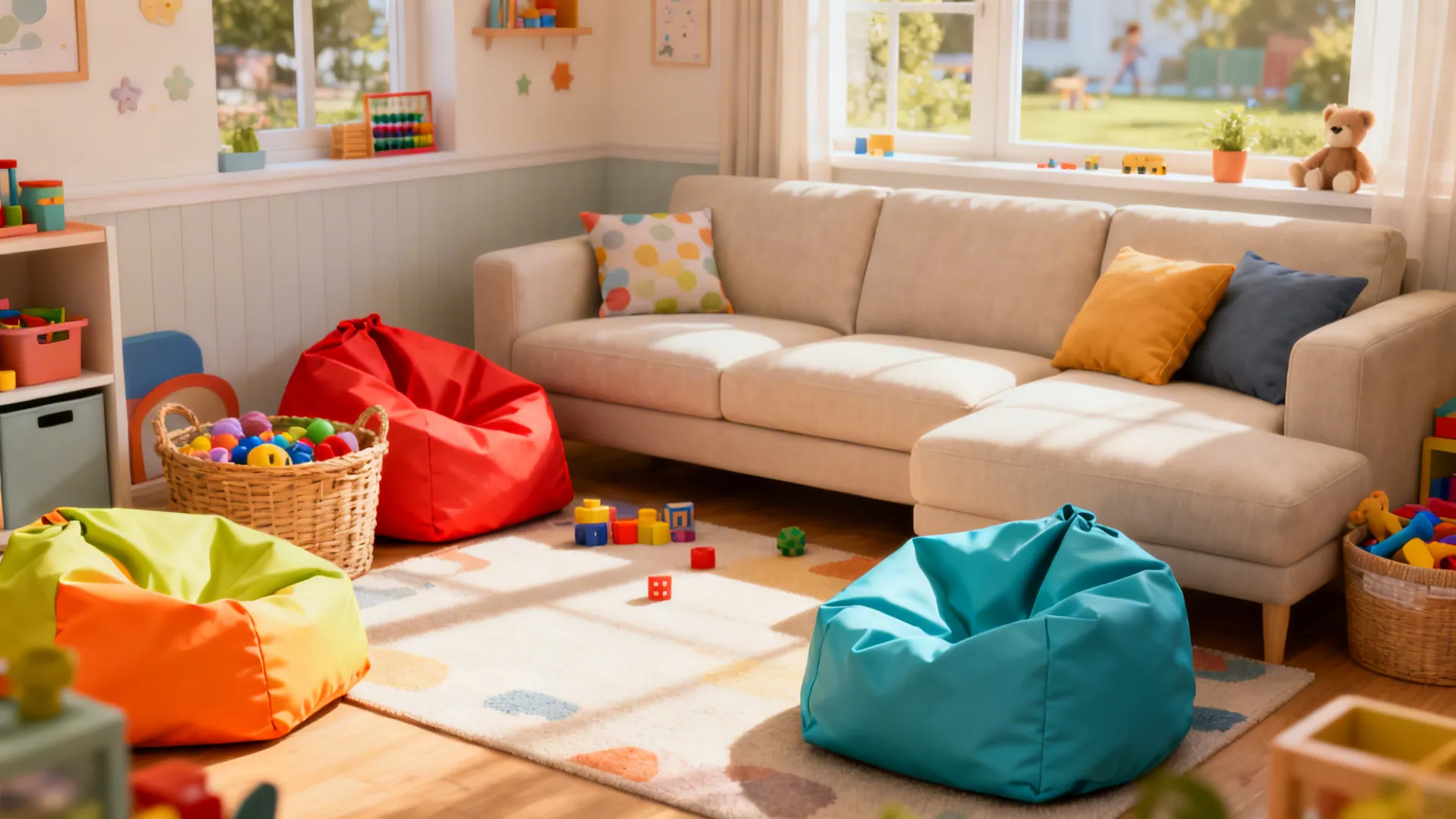 Family living area with wipeable colorful bean bags and neutral main furniture