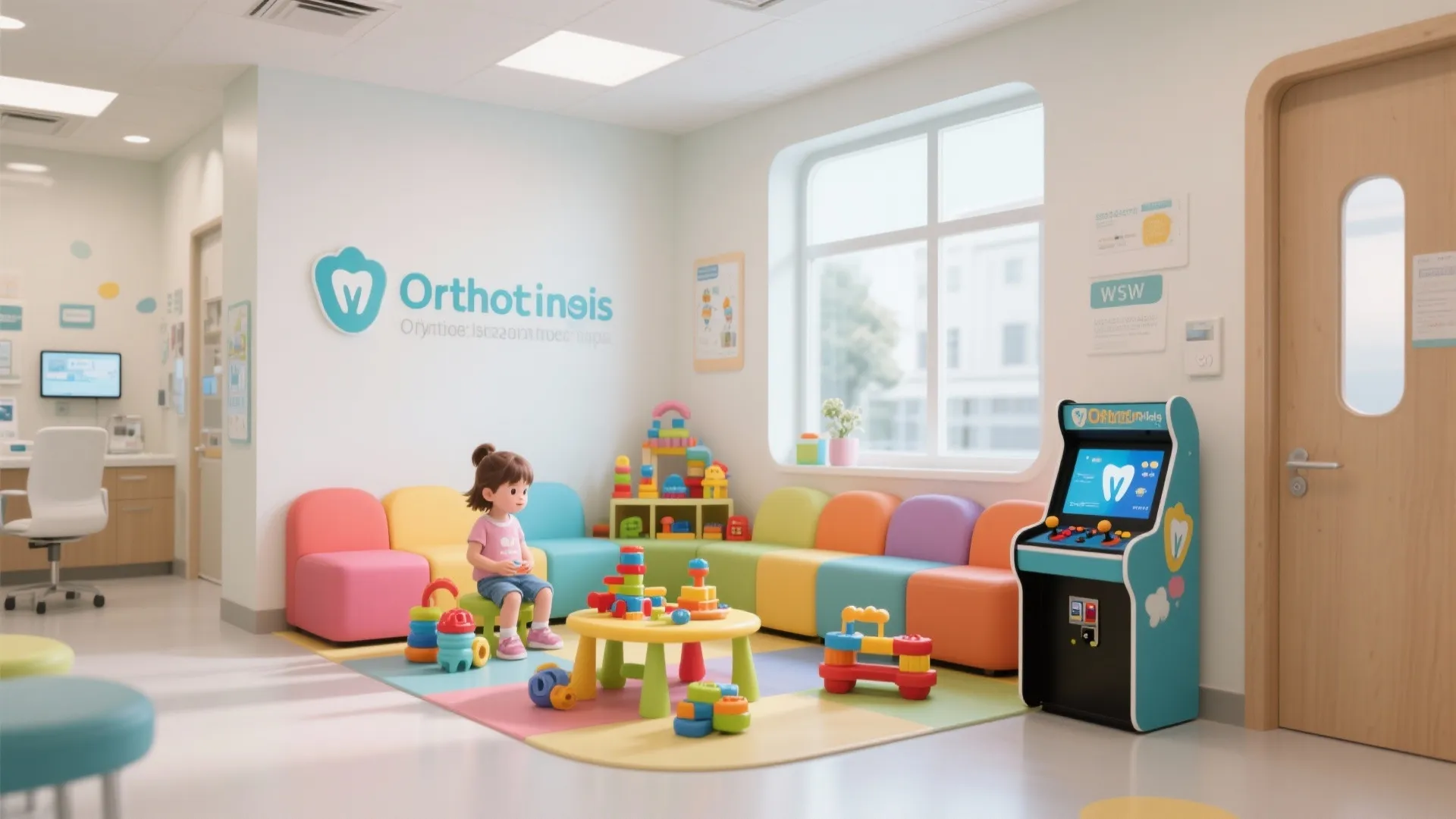 Colorful kids play area in clinic with bright chairs and a small arcade gaming machine