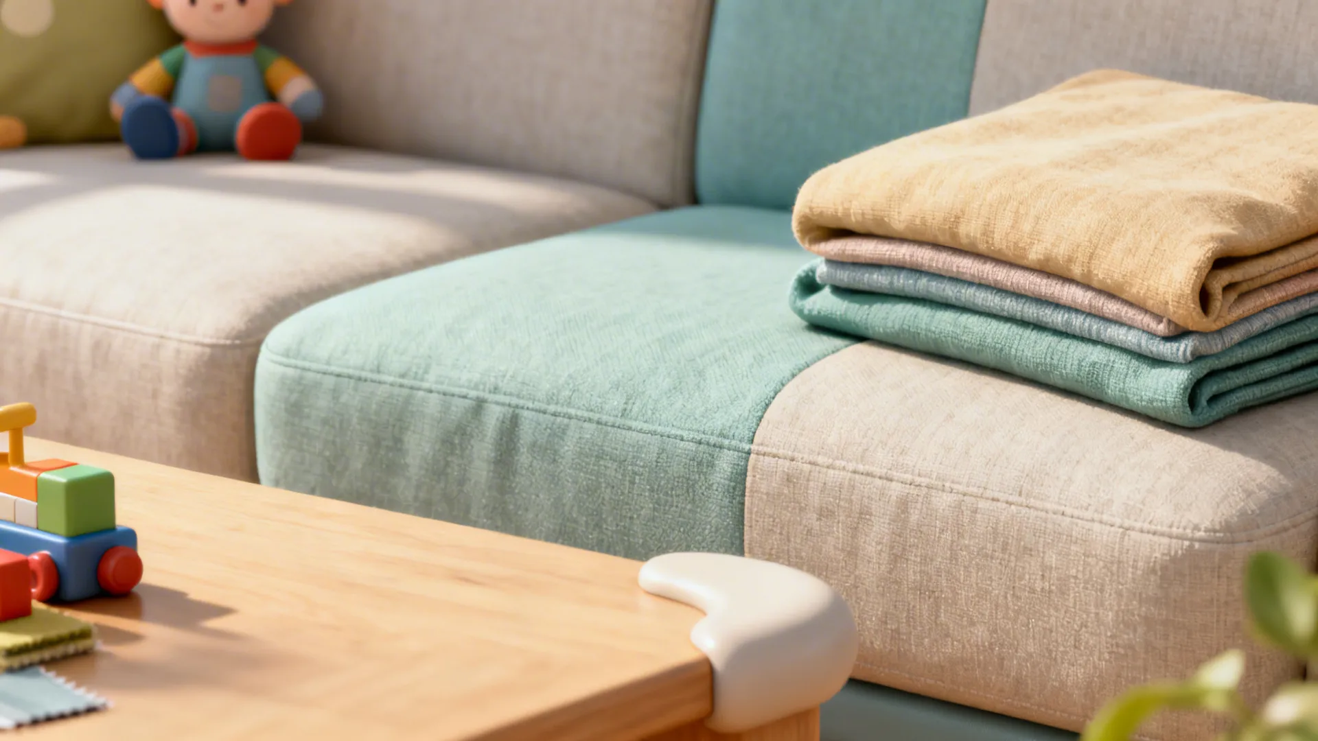Kid-friendly living room elements: stain-resistant fabric swatch, rounded table corner, washable cushion cover
