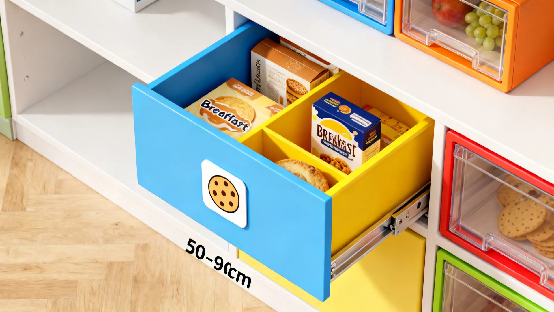 Color-Blocked Storage Bins at Kid Height