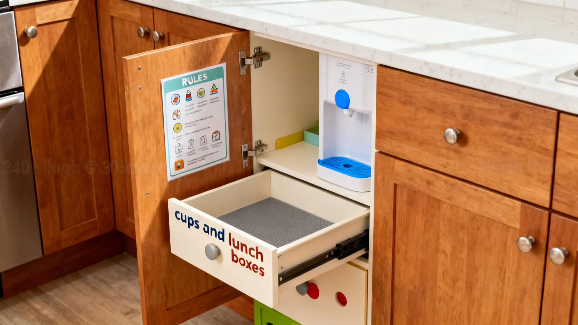 Kid-height helper station with pull-out step and low drawer for cups in a compact kitchen.