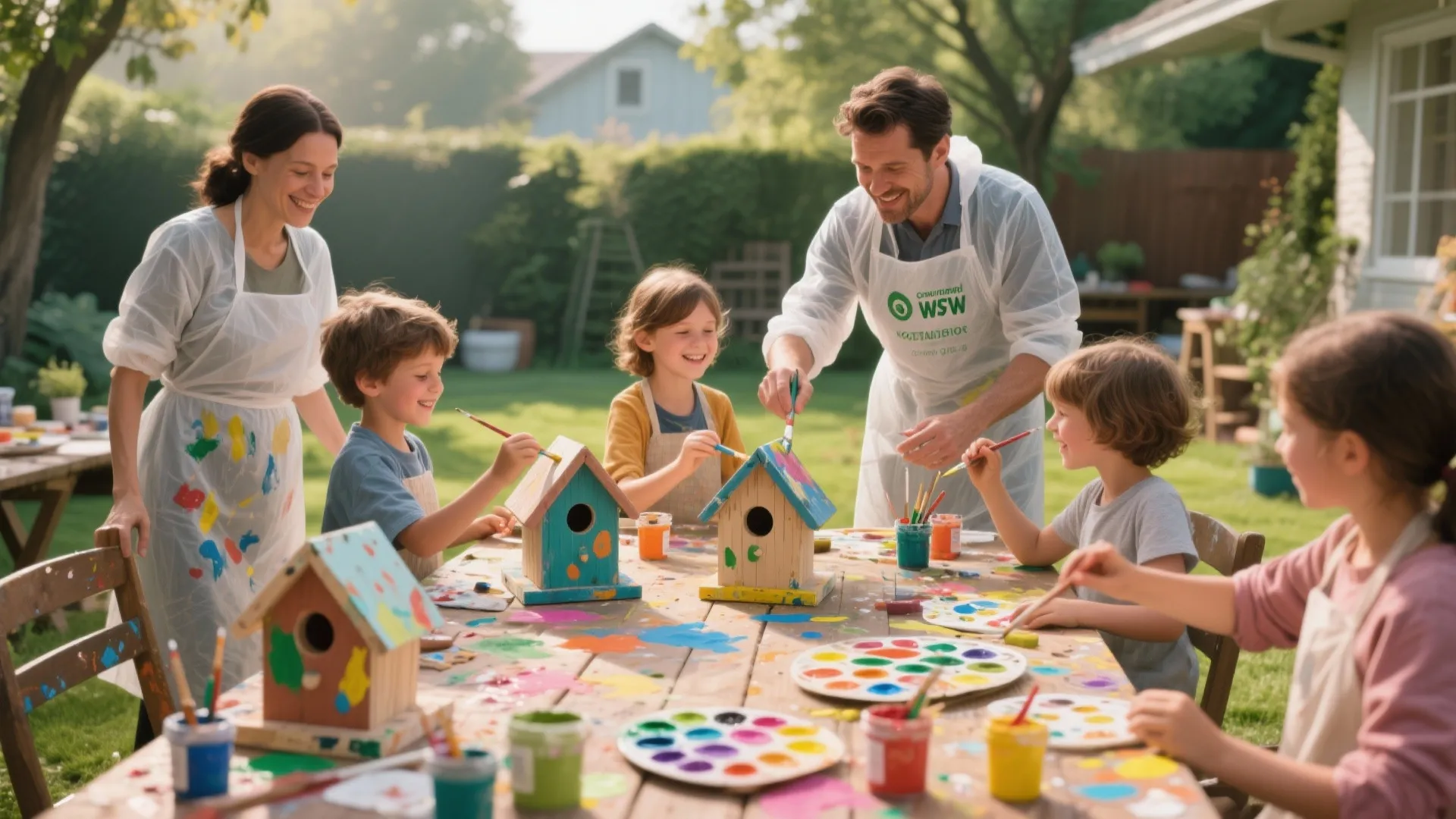 Group of children and adults painting colorful wooden birdhouses together at a sunny outdoor table