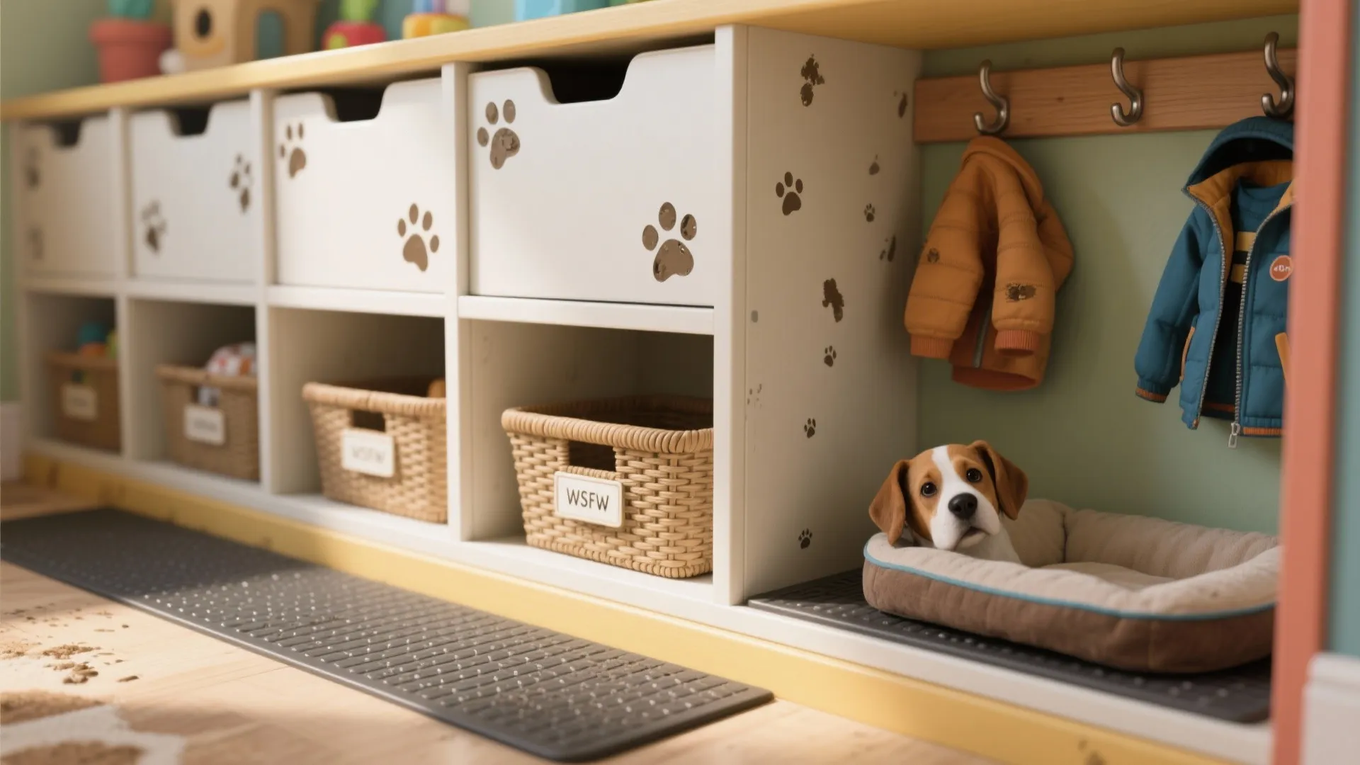 Pet storage cubbies with white drawers paw prints woven baskets and a dog bed inside