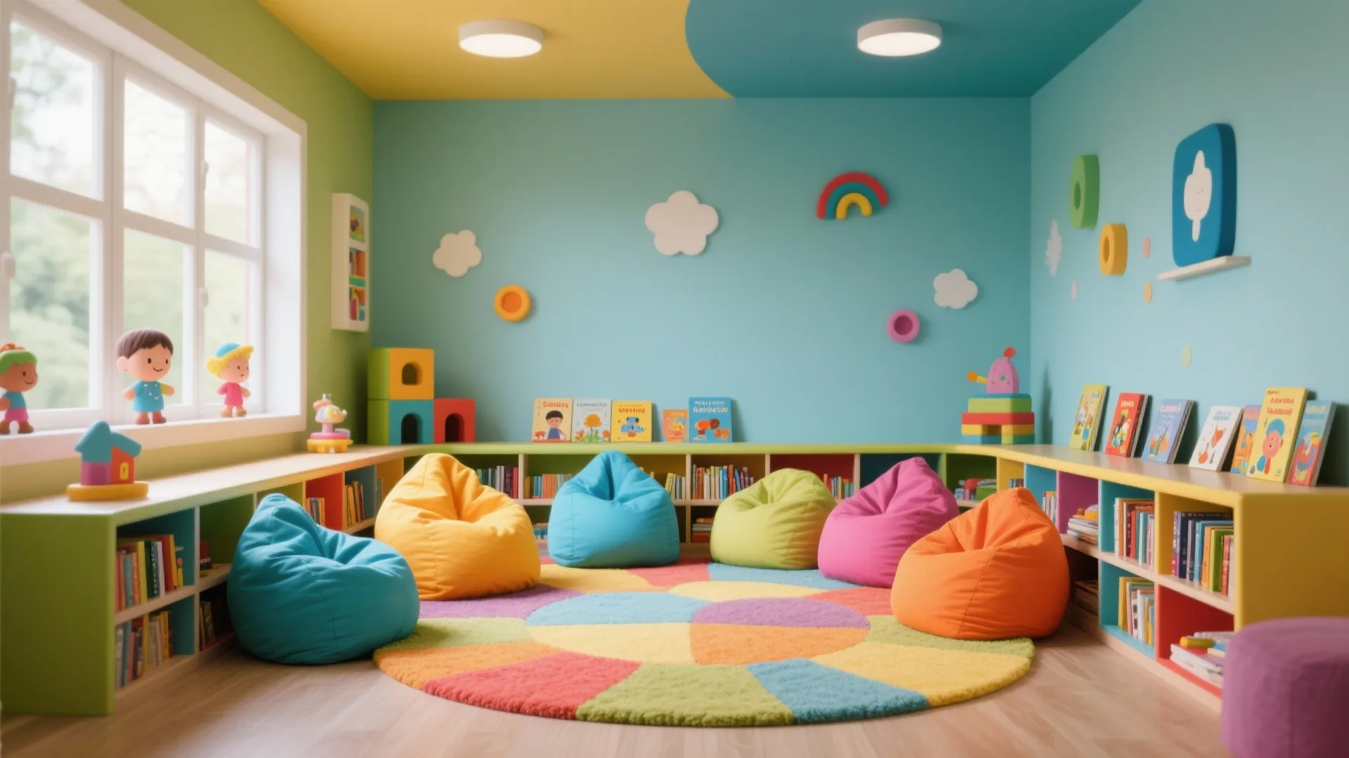Colorful bean bags in children's play corner with bookshelves