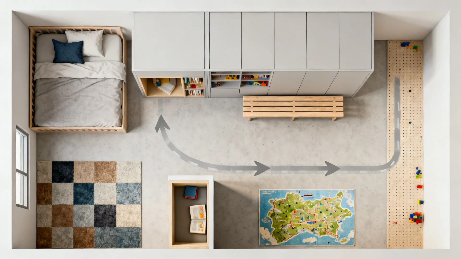 Top-down layout showing sleep, reading, build, and storage zones with a clear play lane.
