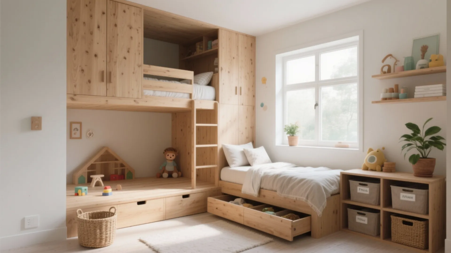 Modern kids bedroom with light wood bunk bed wooden cabinets single bed and bright window