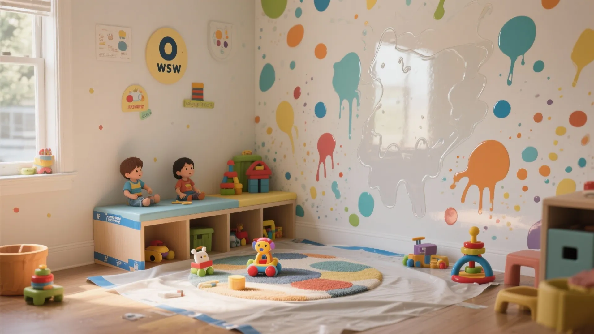 Kid-friendly corner with a washable splatter wall, topcoat finish, and drop cloth prep