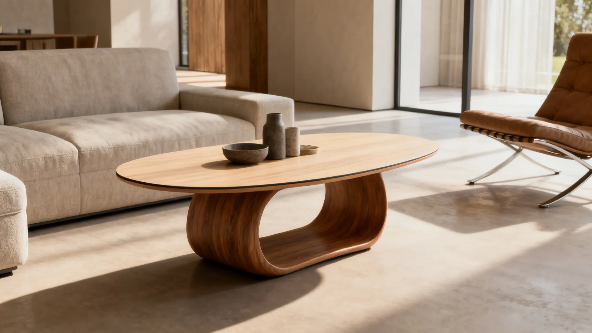 Kidney-shaped coffee table with sculpted wooden base anchoring a mid-century living room layout