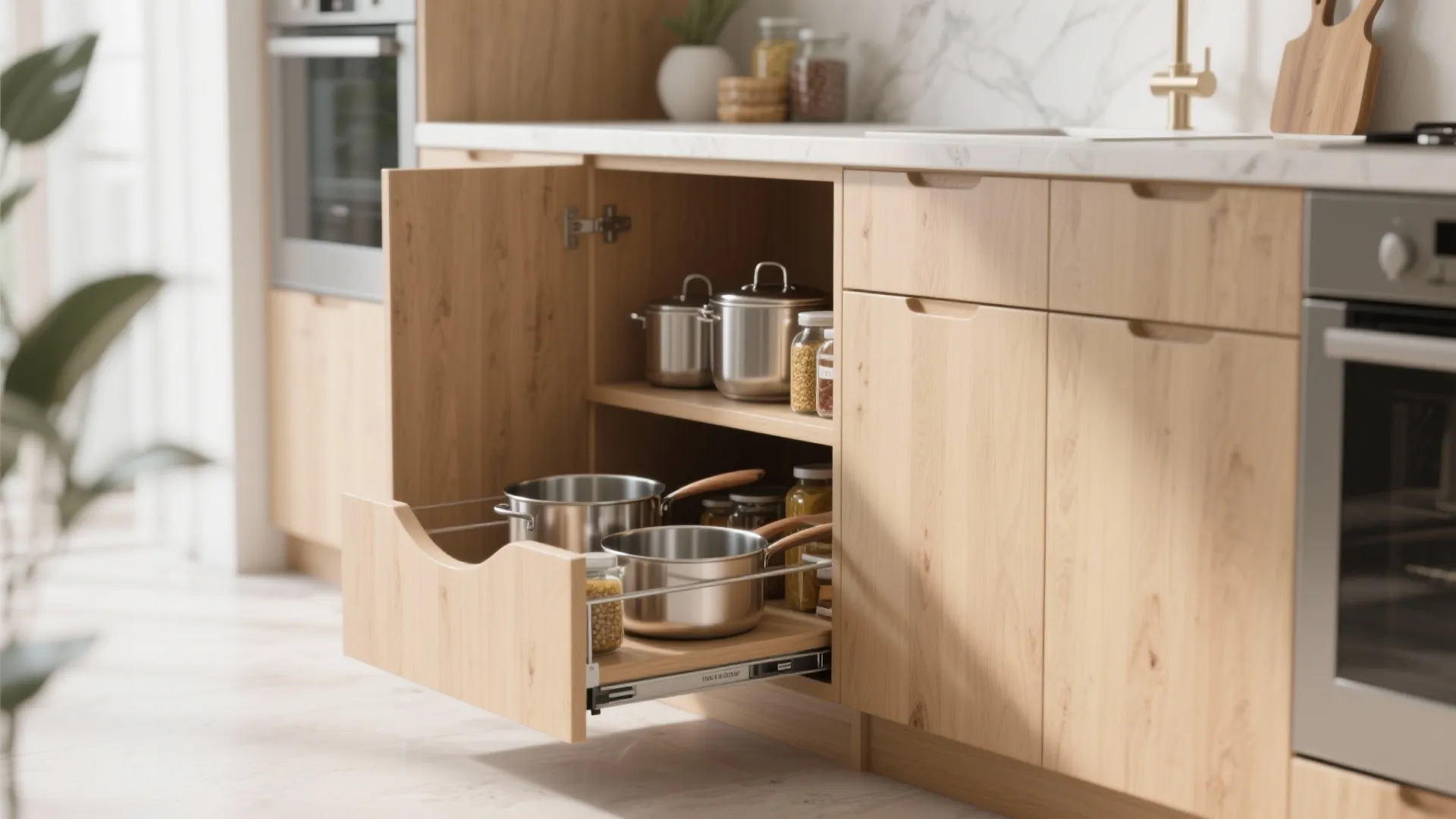 Light wood kitchen cabinet with a pull out shelf holding several stainless steel pots pans