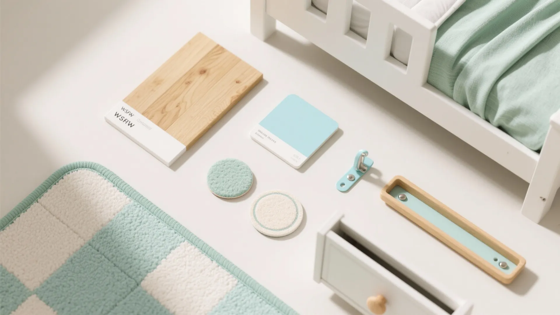 Kids room design board with wood sample blue color swatches small rug and white bed