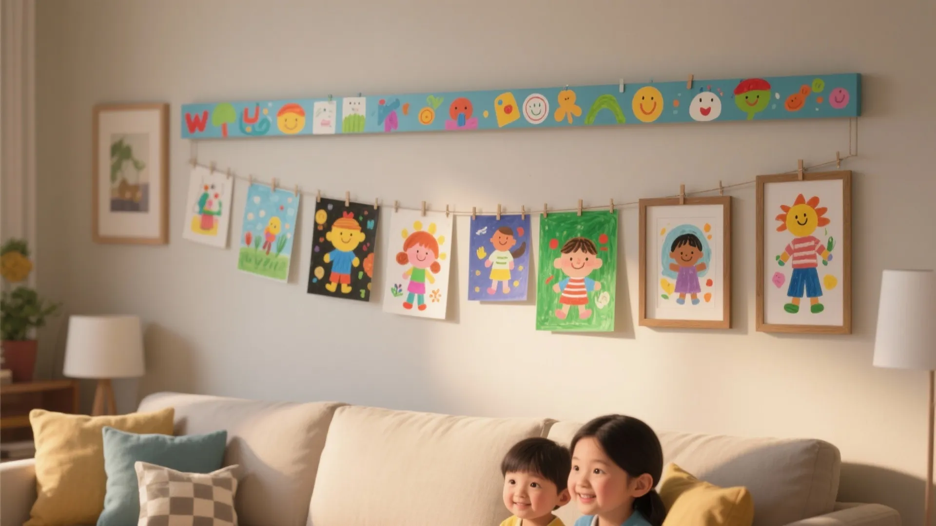 Children's artwork displayed neatly on a magnetic rail in the living room