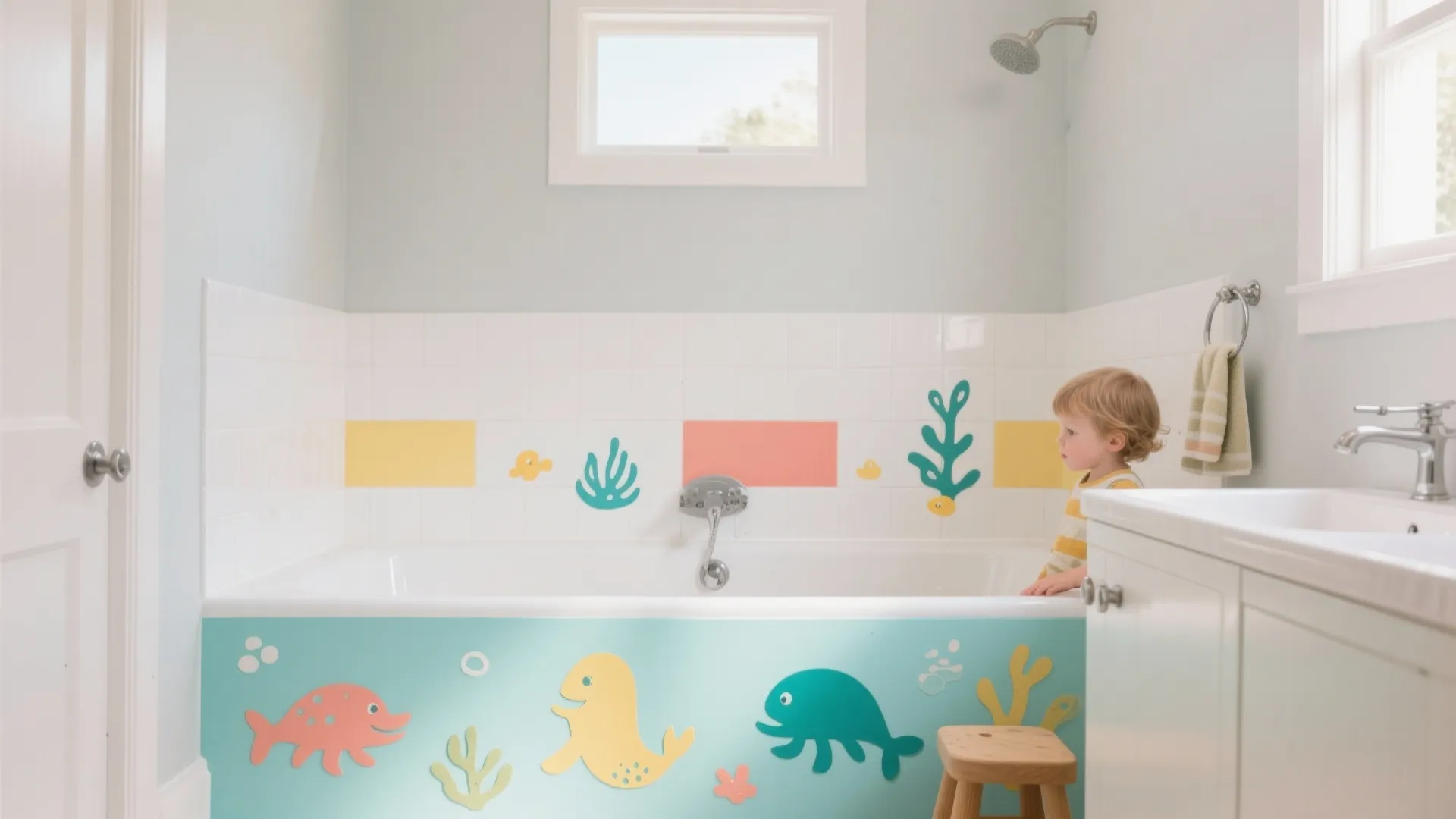 Kids-friendly splash-proof characters and color blocks