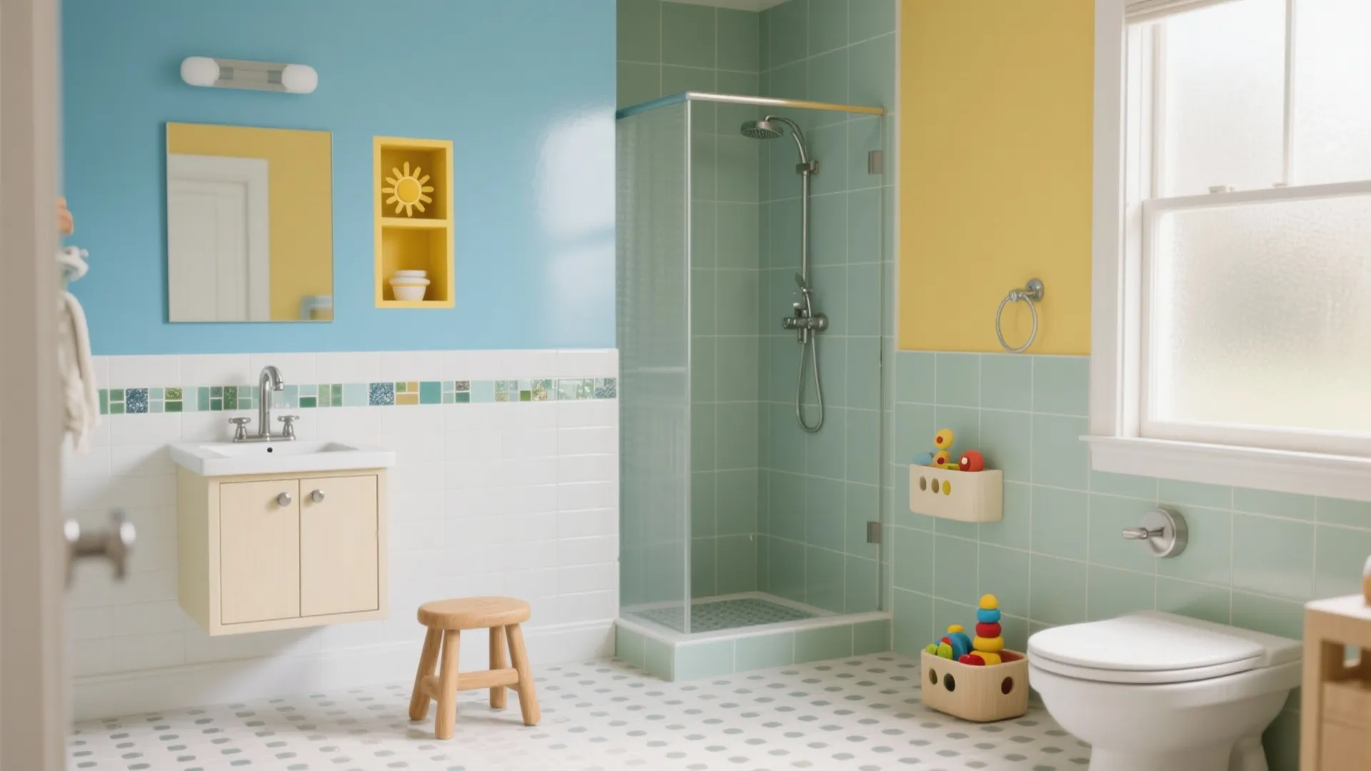 Colorful kids bathroom featuring blue and yellow walls with a glass shower and small stool