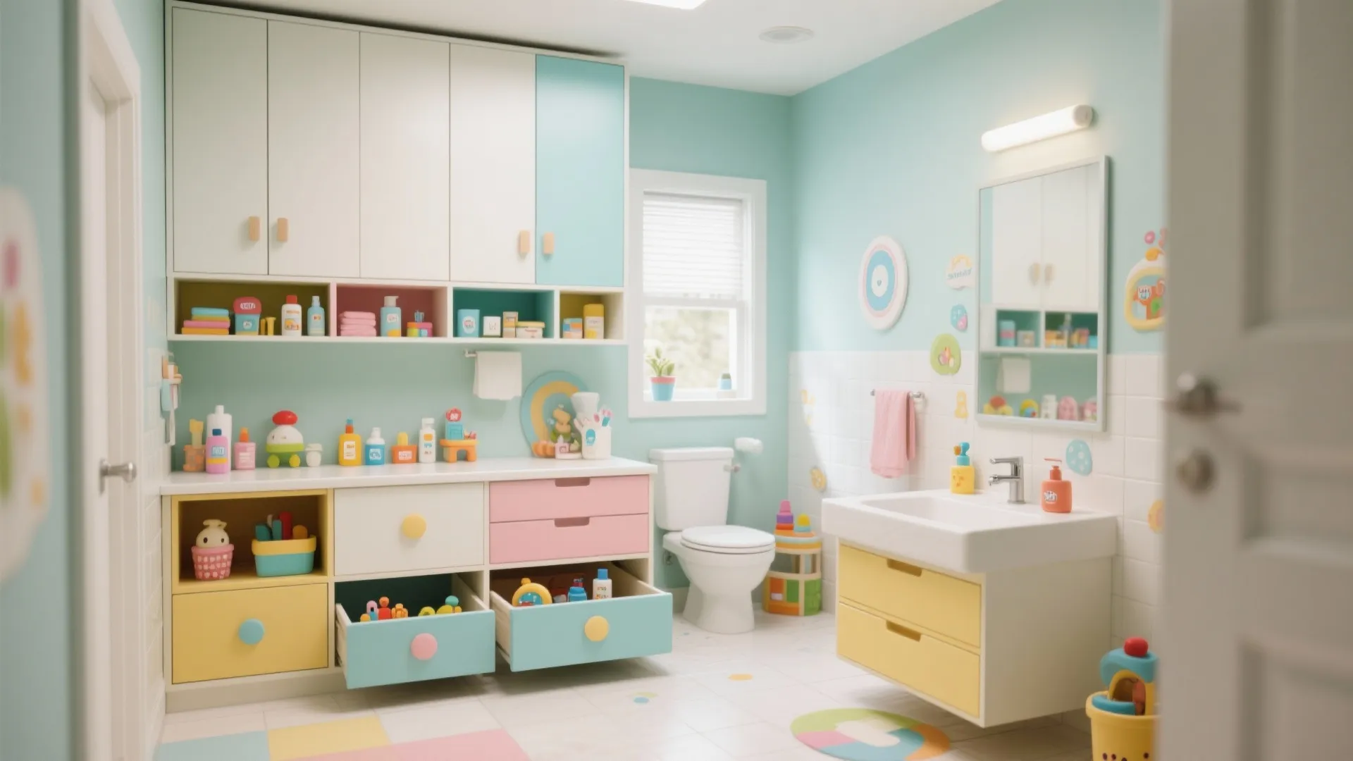 Colorful kids bathroom design with light blue walls white toilet sink and pastel storage cabinets