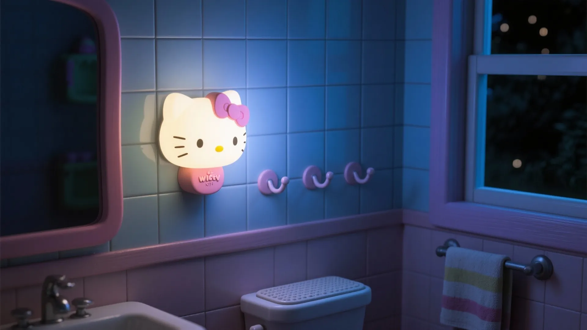 Bathroom interior with cat shaped night light on blue tiled wall above white bathroom toilet