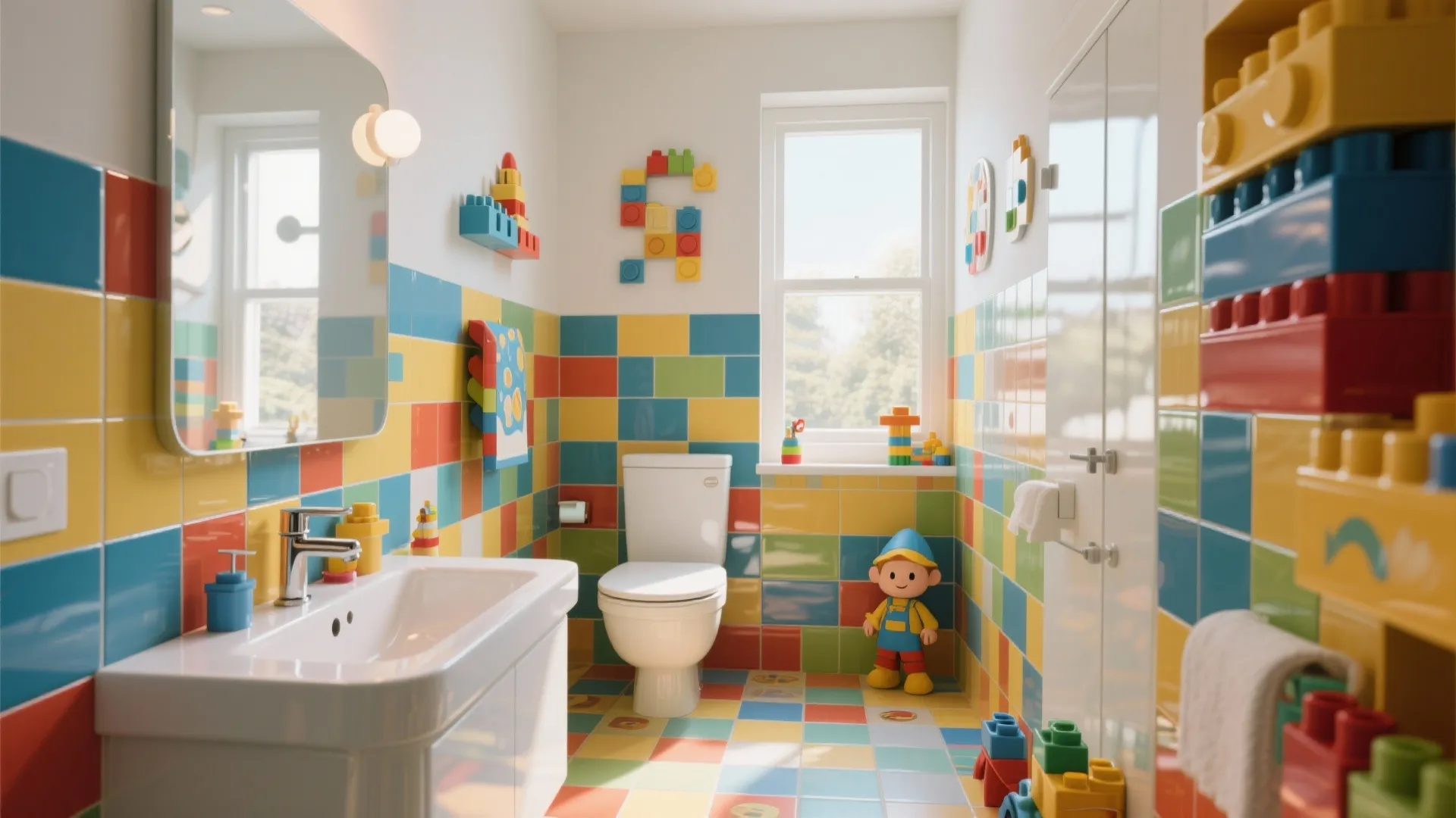 Colorful kids bathroom with toy block style wall tiles a white toilet and white sink