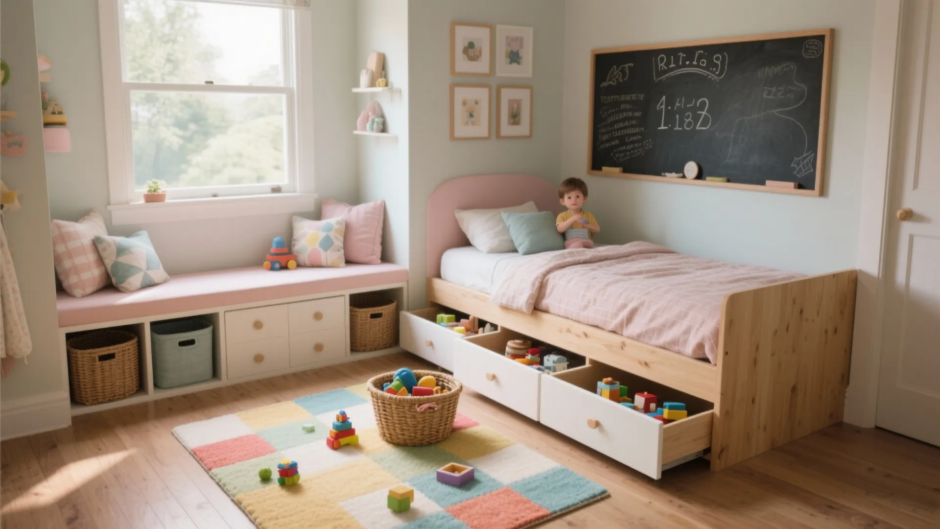 Kids bedroom with pink bed wooden storage drawers colorful rug blackboard and window seat area