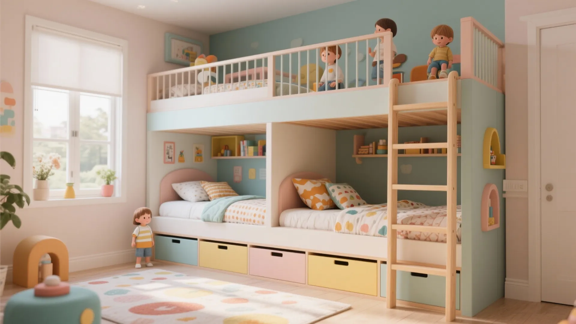 Kids room with convertible bunk and loft play deck plus storage, daylight filled