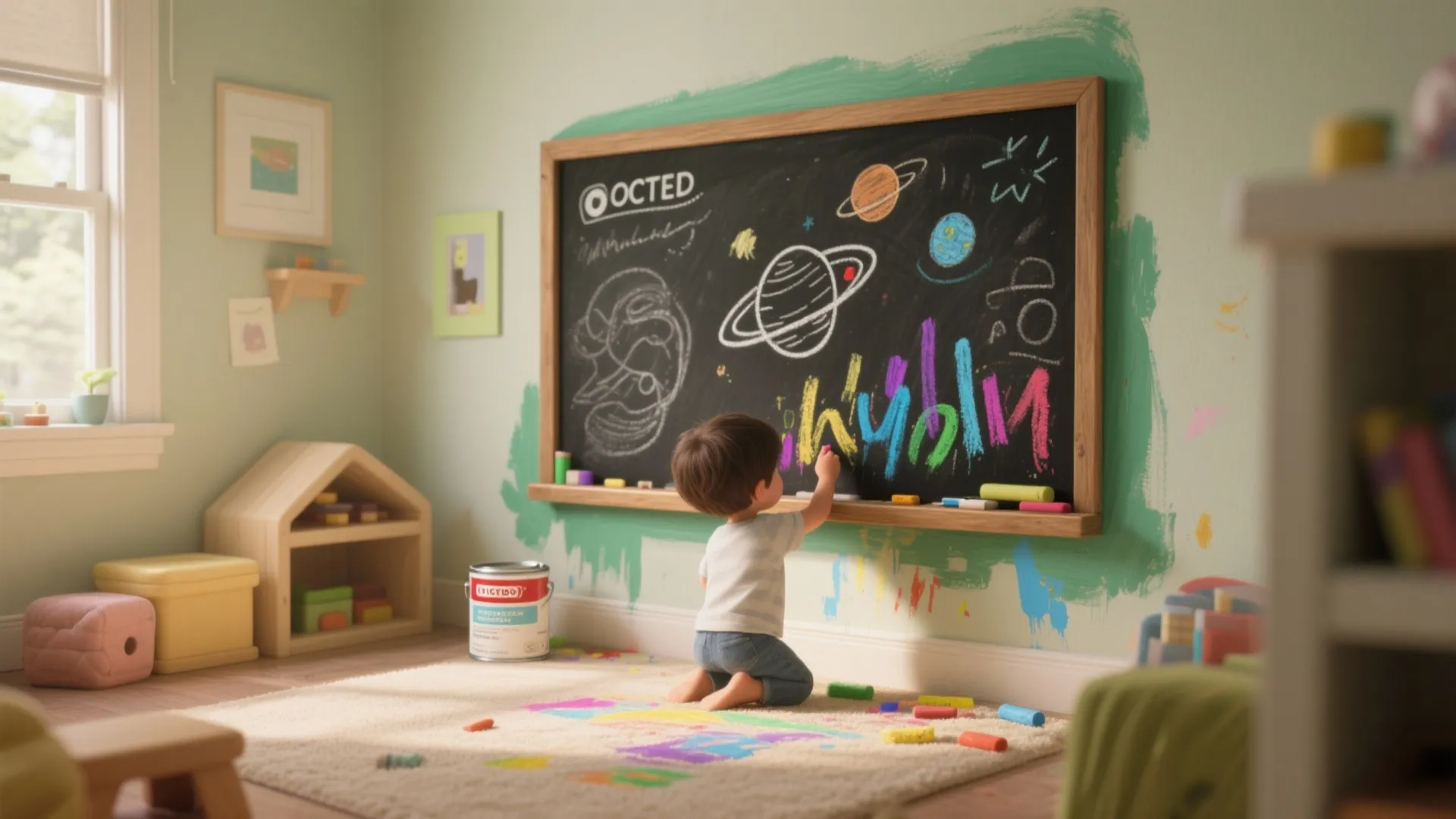 Playroom corner with a chalkboard mural and hand-painted border, a child adding colorful chalk drawings to a small solar system.