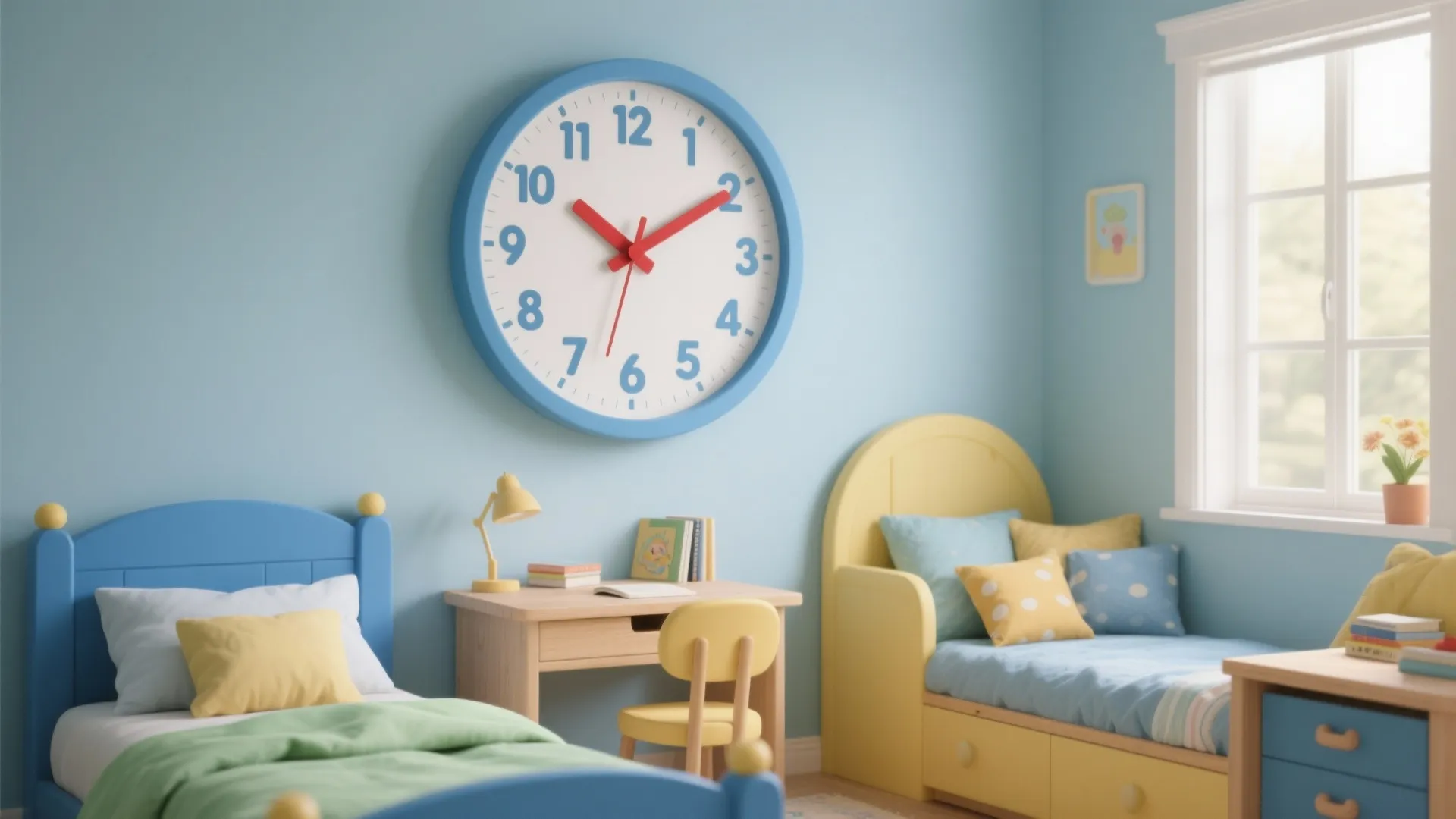Blue kids bedroom with large wall clock above a wooden desk and two small beds