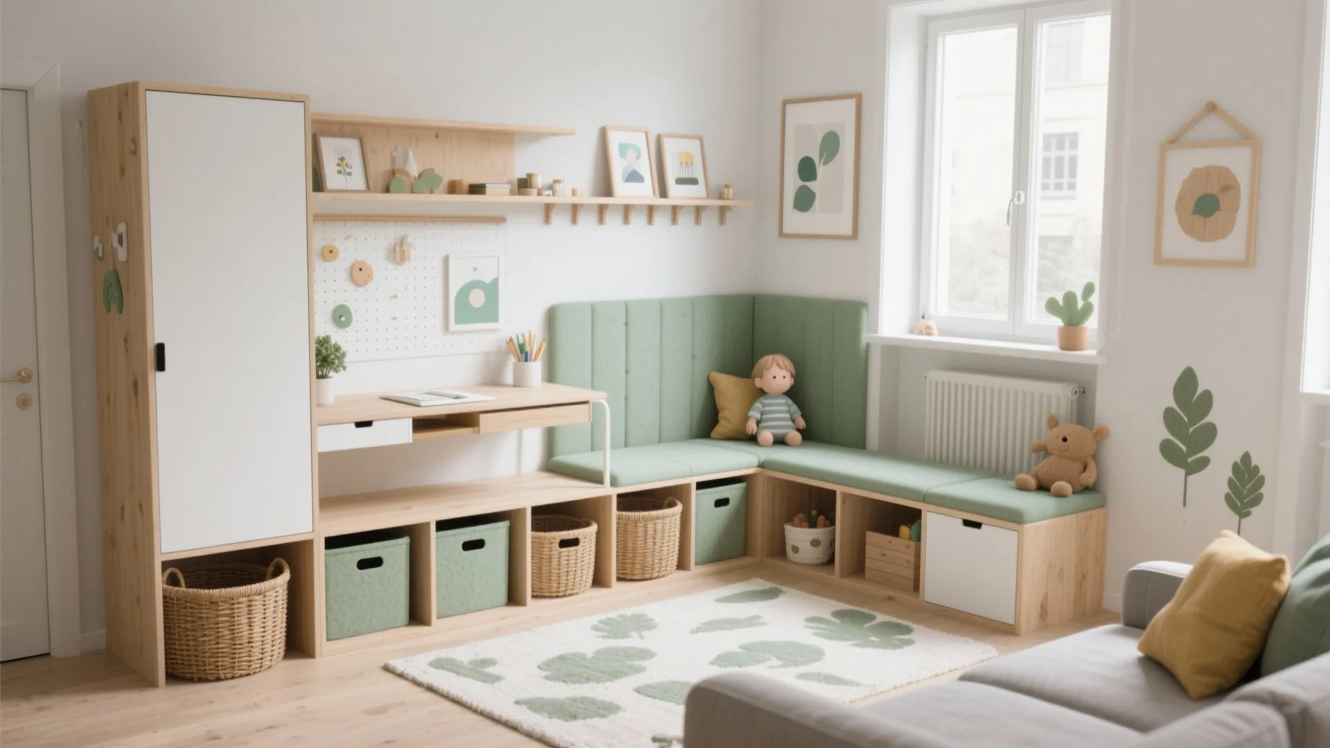 Kids play area with green corner bench wooden storage shelves white walls and natural window light
