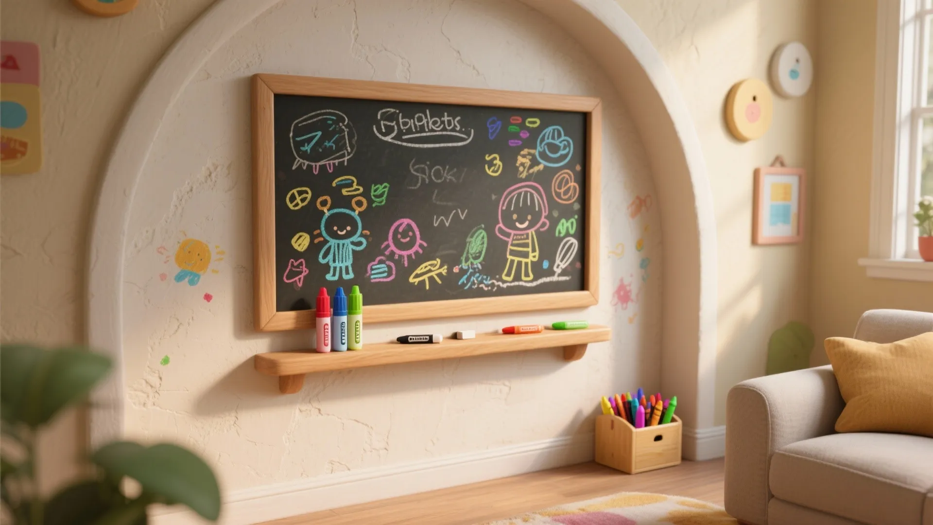 Kids playroom area with a framed chalkboard colorful chalk markers and cozy sofa in sunlight