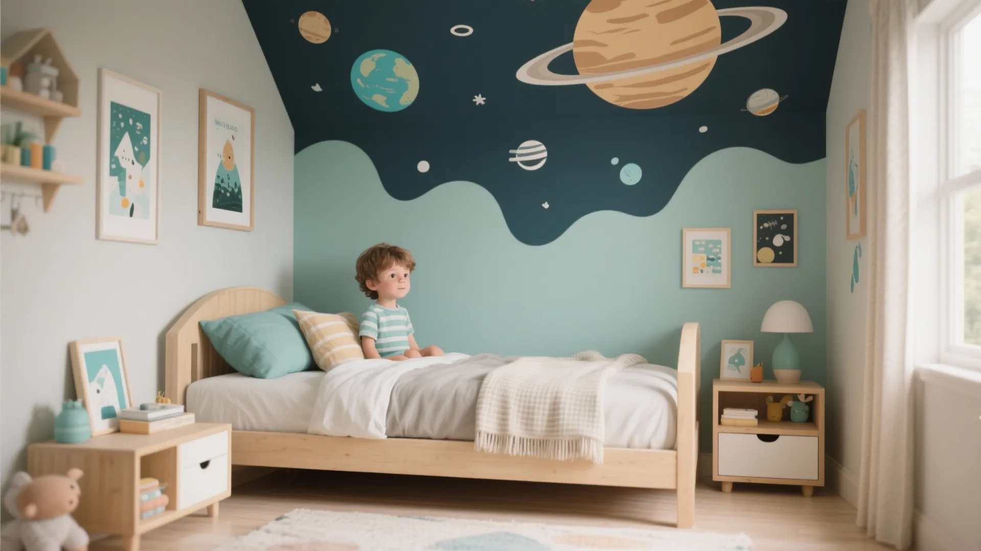 Kids bedroom featuring space theme wall art with planets and boy sitting on wooden bed