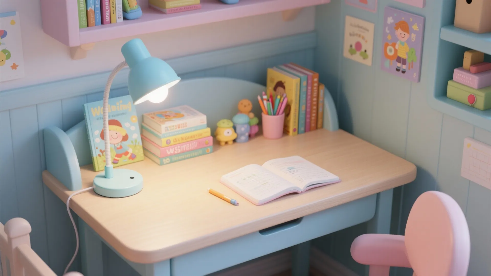 Blue kids study desk with wooden top featuring a lamp books open notebook and pencils