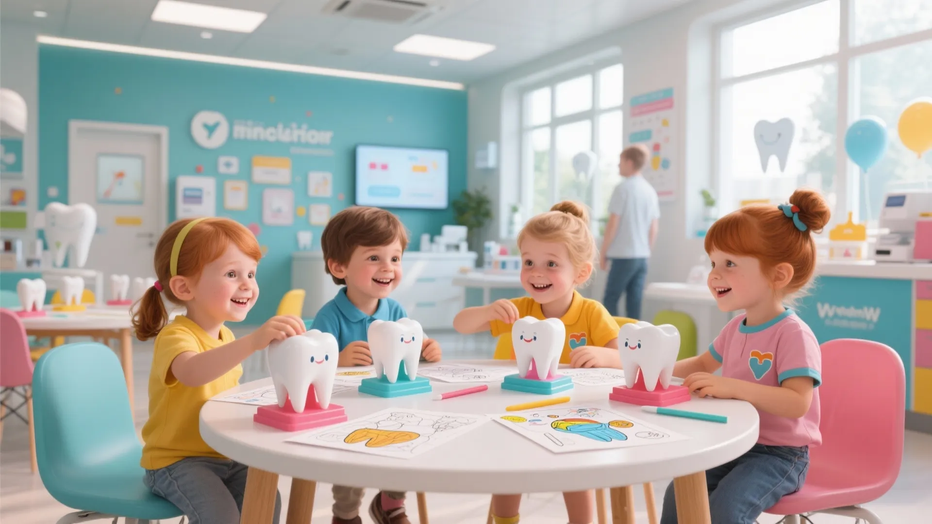 Four happy young children sit at a round table playing with white plastic tooth models