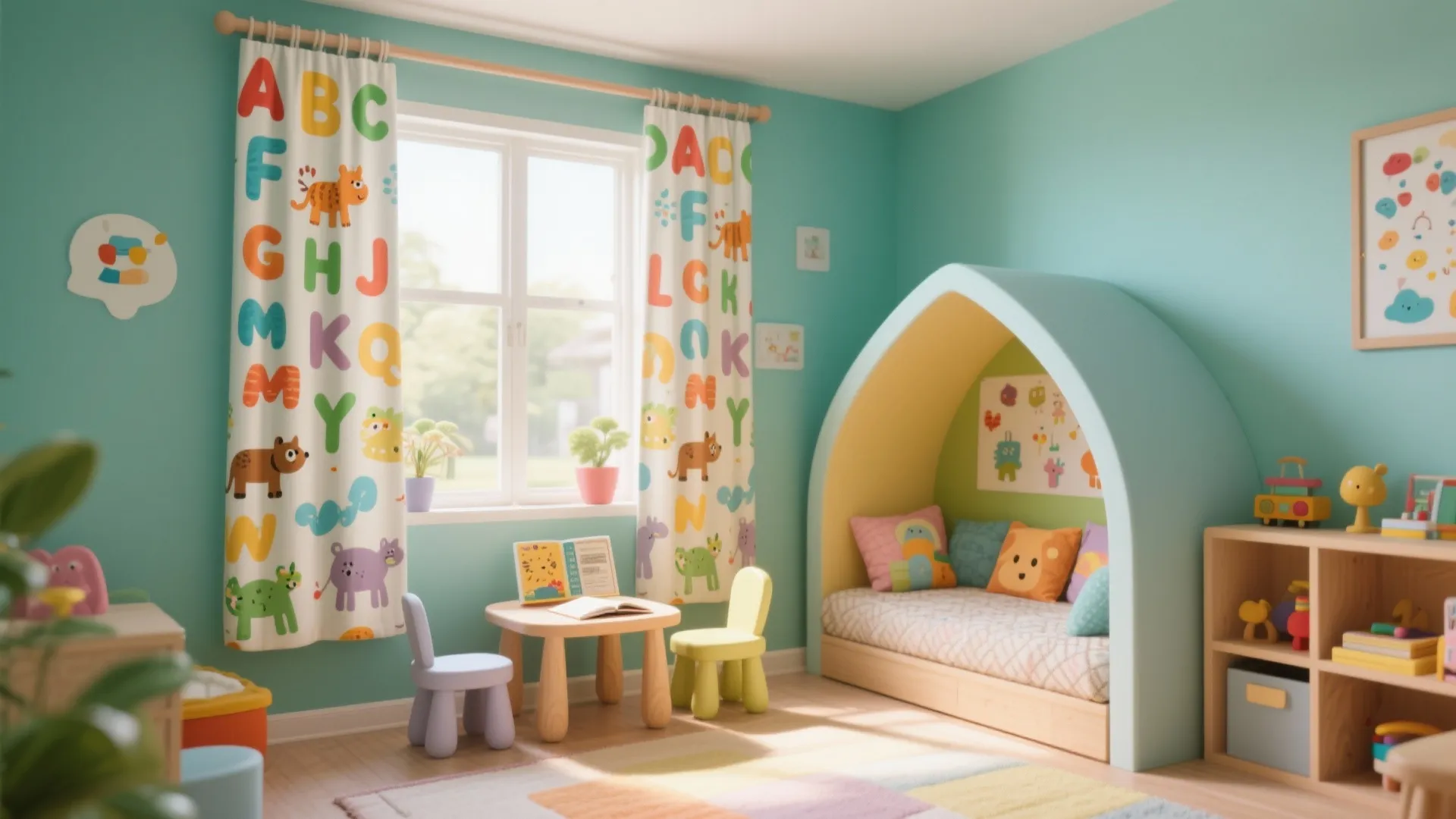 Reading nook with alphabet and animal print curtains