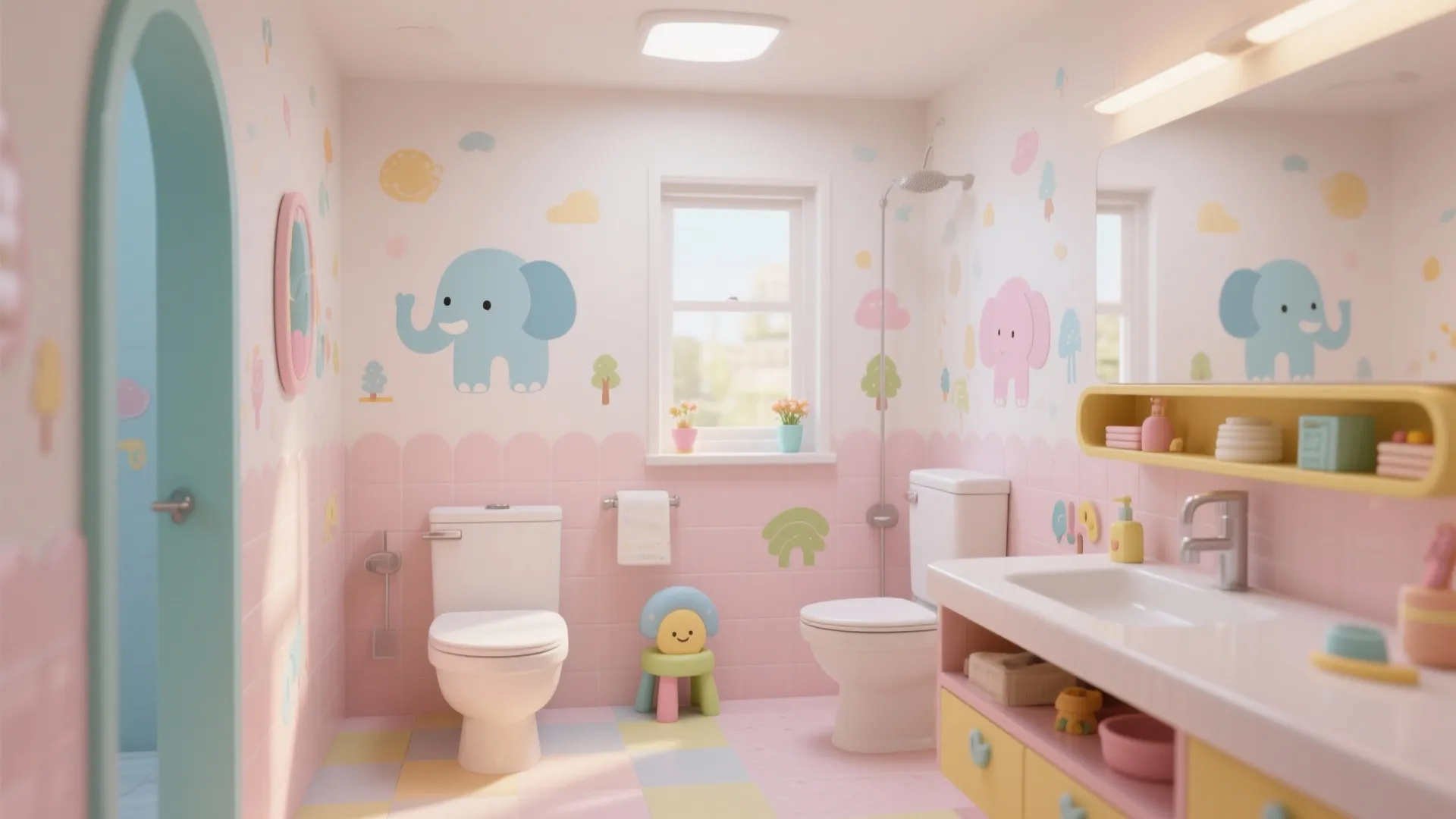 Playful kids’ bathroom with pastel elephant decals