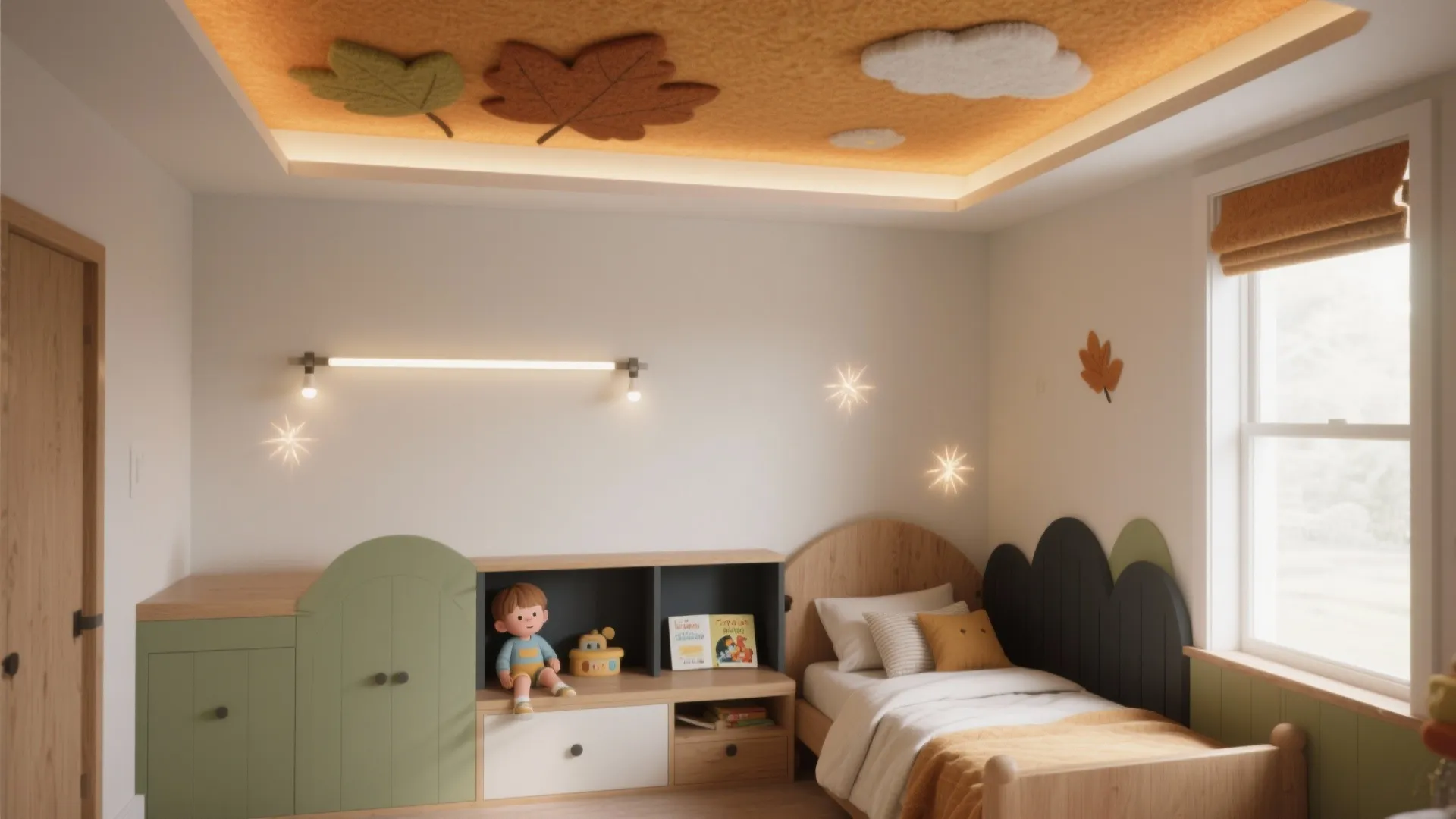 Kids bedroom with autumn leaf ceiling decorations wood furniture window light and cozy single bed