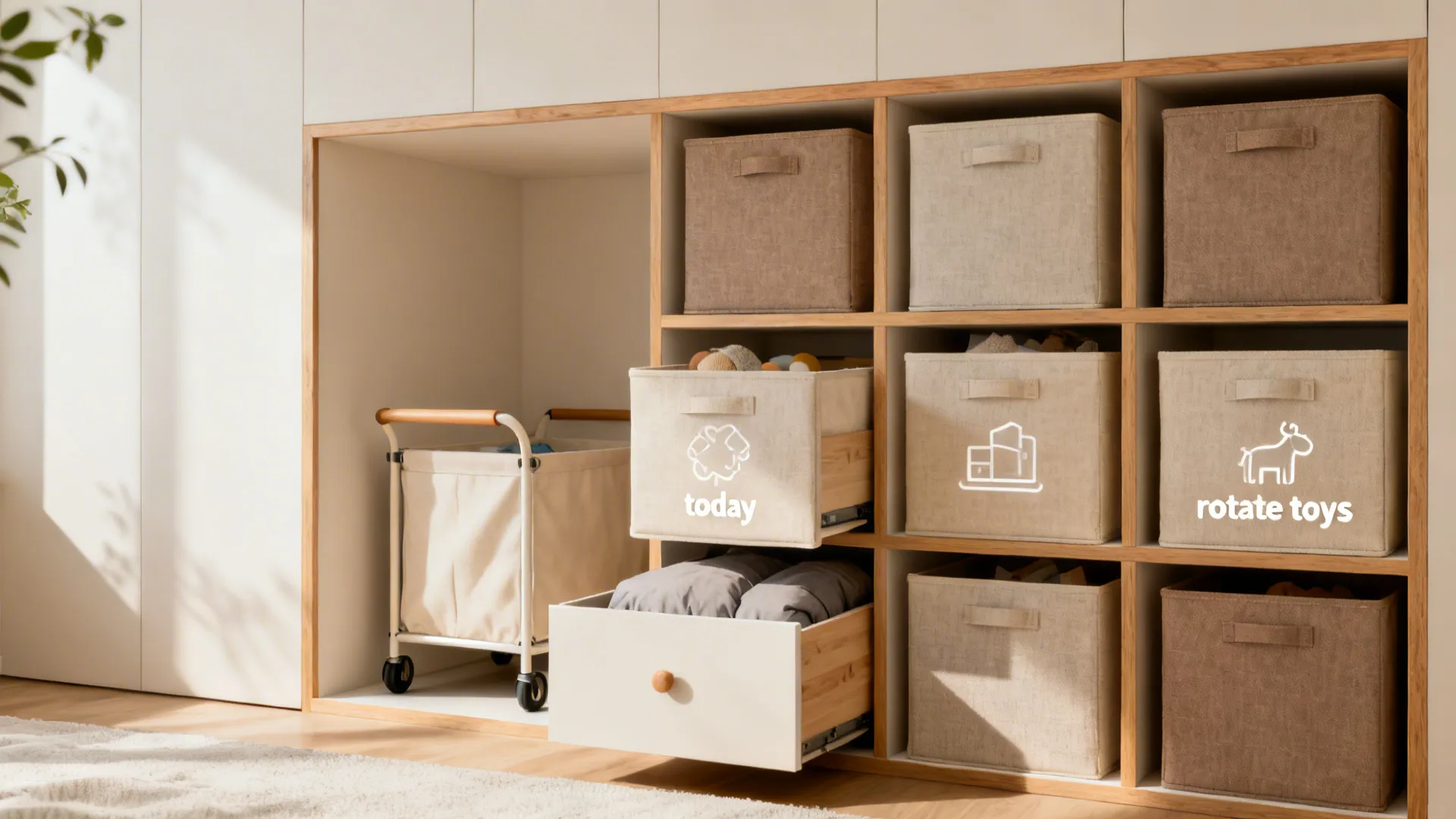 Modular cube shelves with labeled bins and roll-out toy storage in a tidy girl’s room.