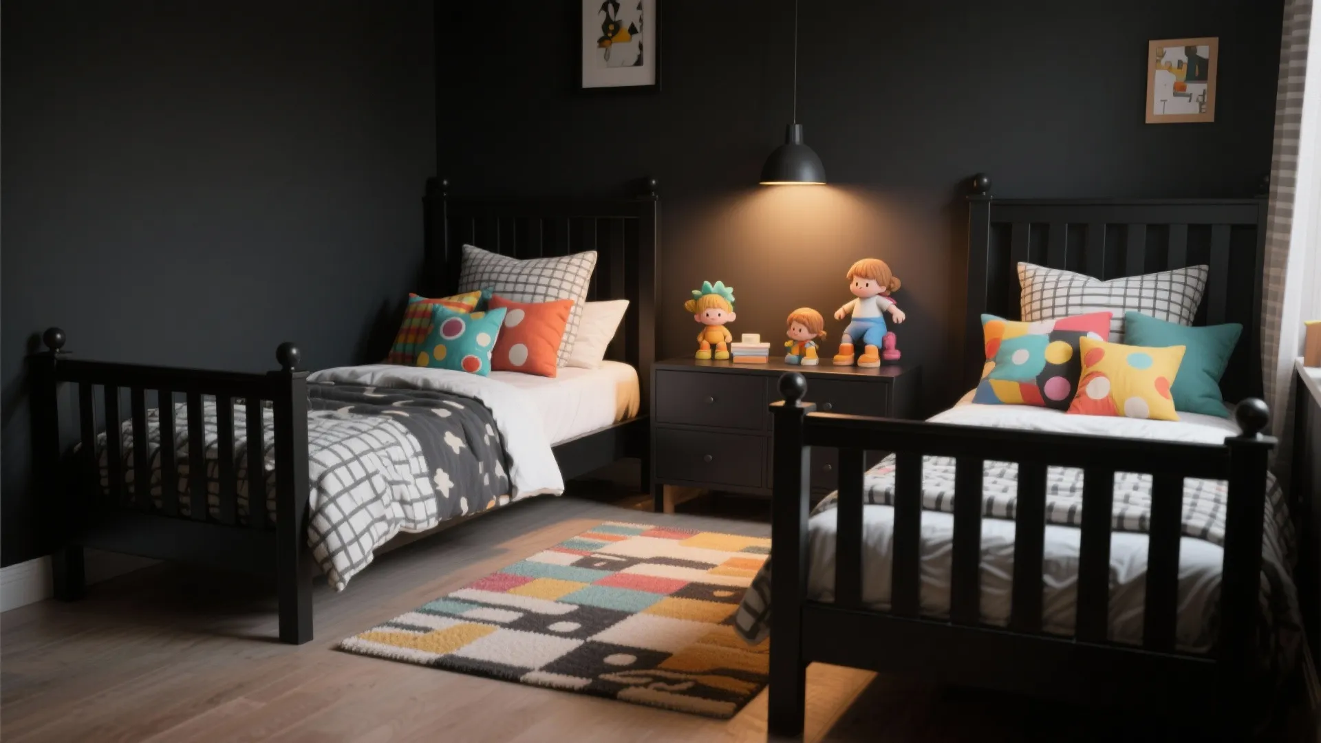 Two black beds in kids bedroom with colorful pillows small cabinet and hanging light fixture