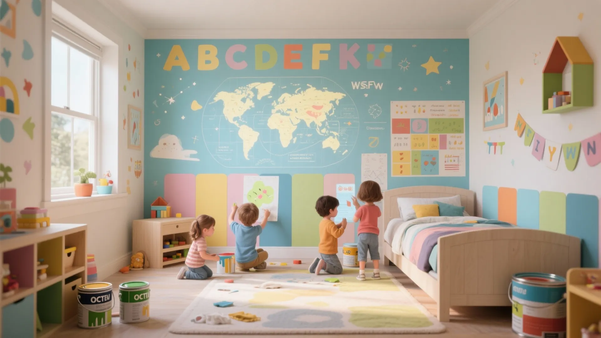 Four young children playing and drawing on a colorful bedroom wall with world map design